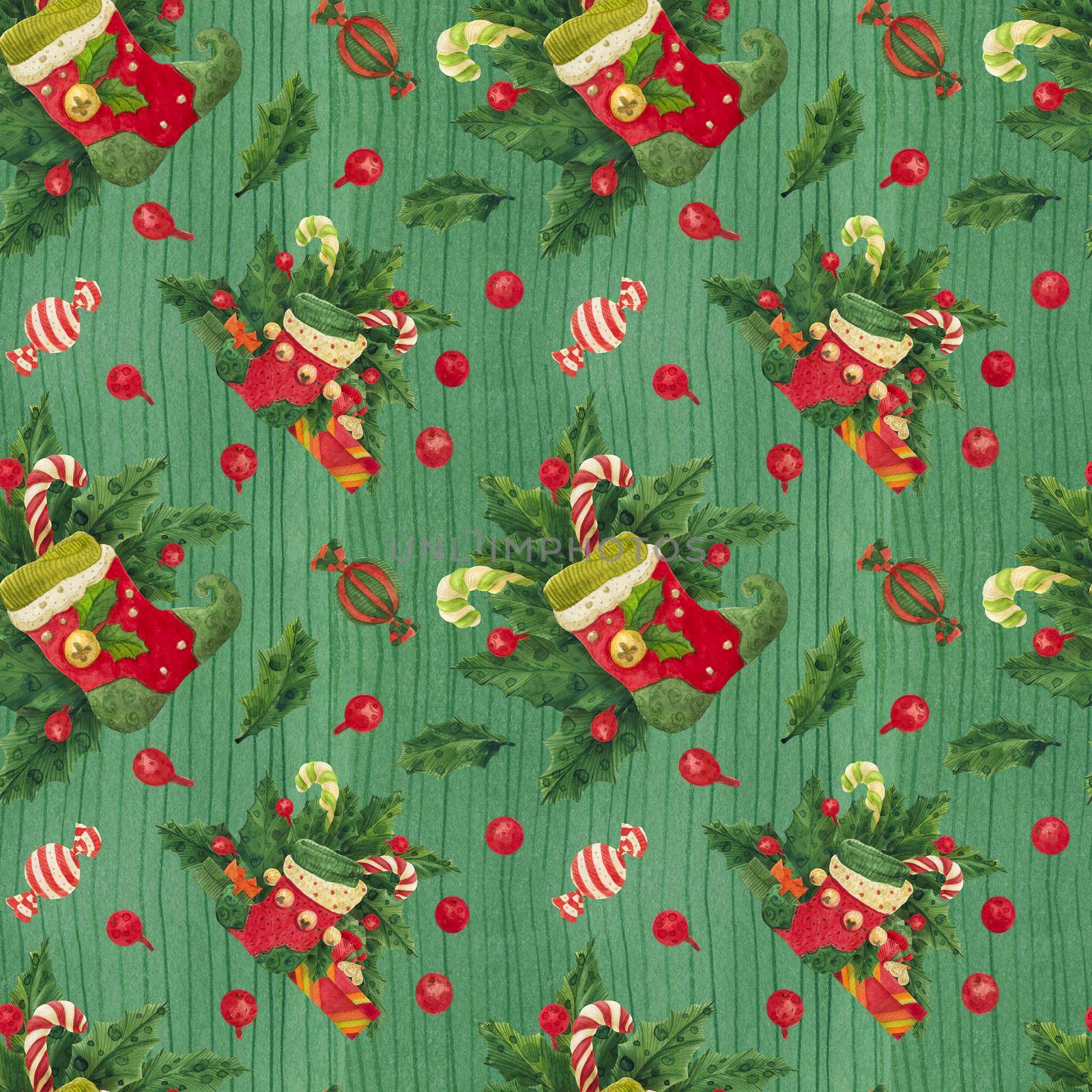 Christmas Holly watercolor green seamless pattern with elf stockings and candy canes