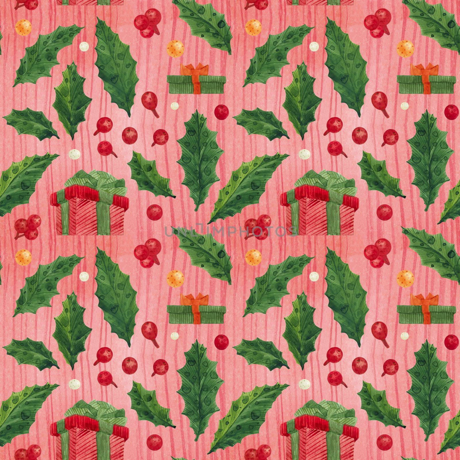Christmas Holly red watercolor seamless pattern with gift box