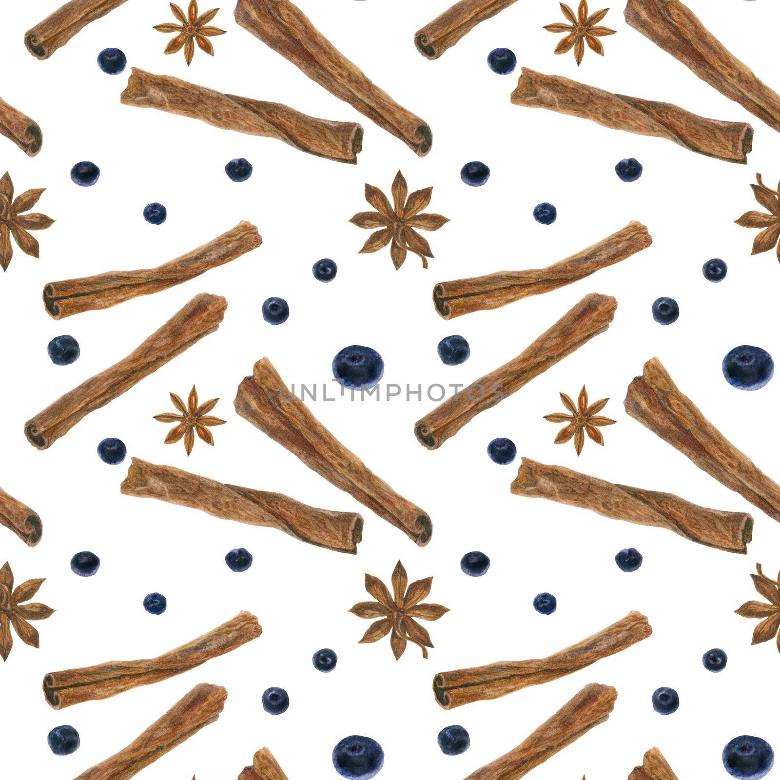 Christmas hot drink spices seamless pattern, watercolor on a white background