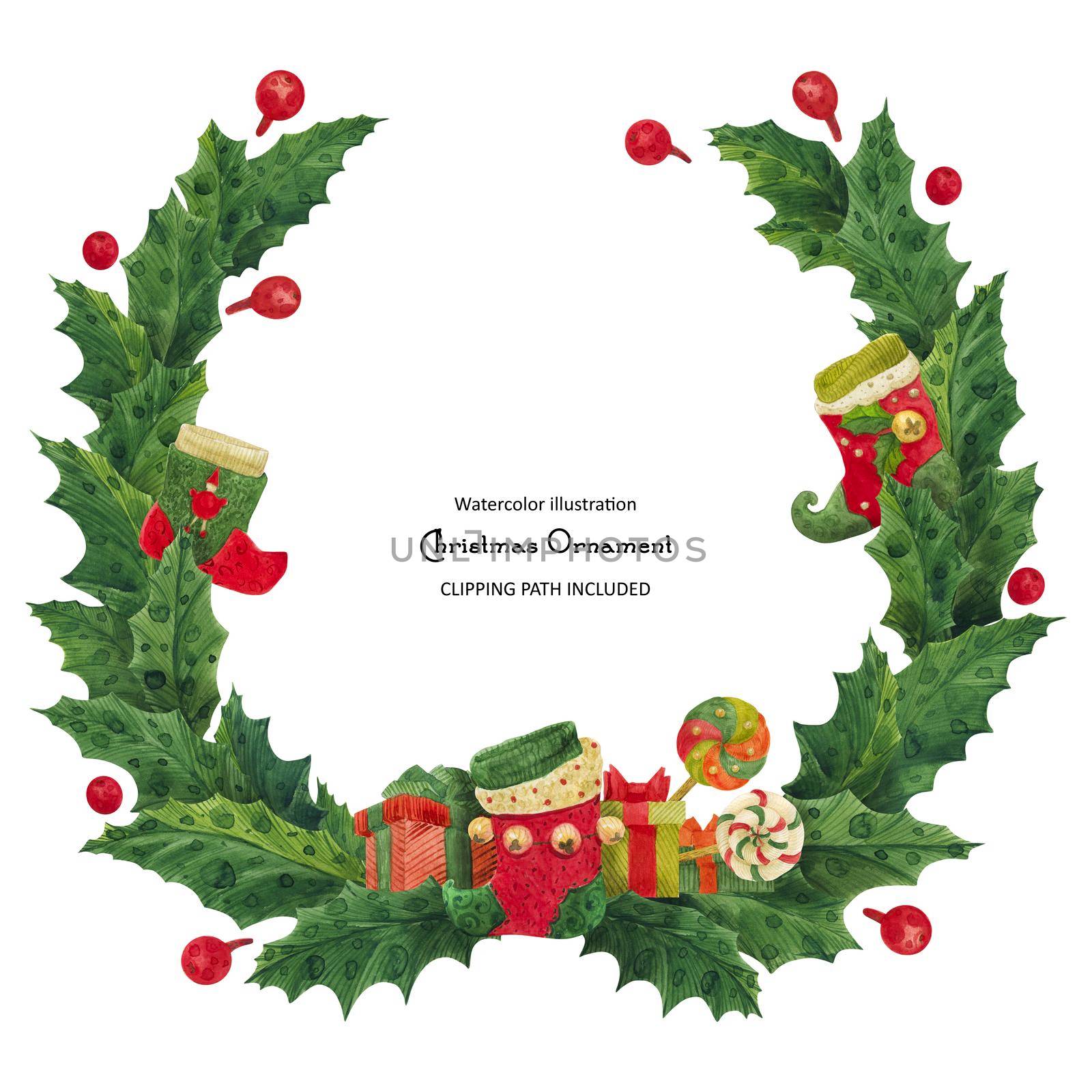 Christmas holly wreath with stocking and gift boxes, isolated watercolor illustration and clipping path