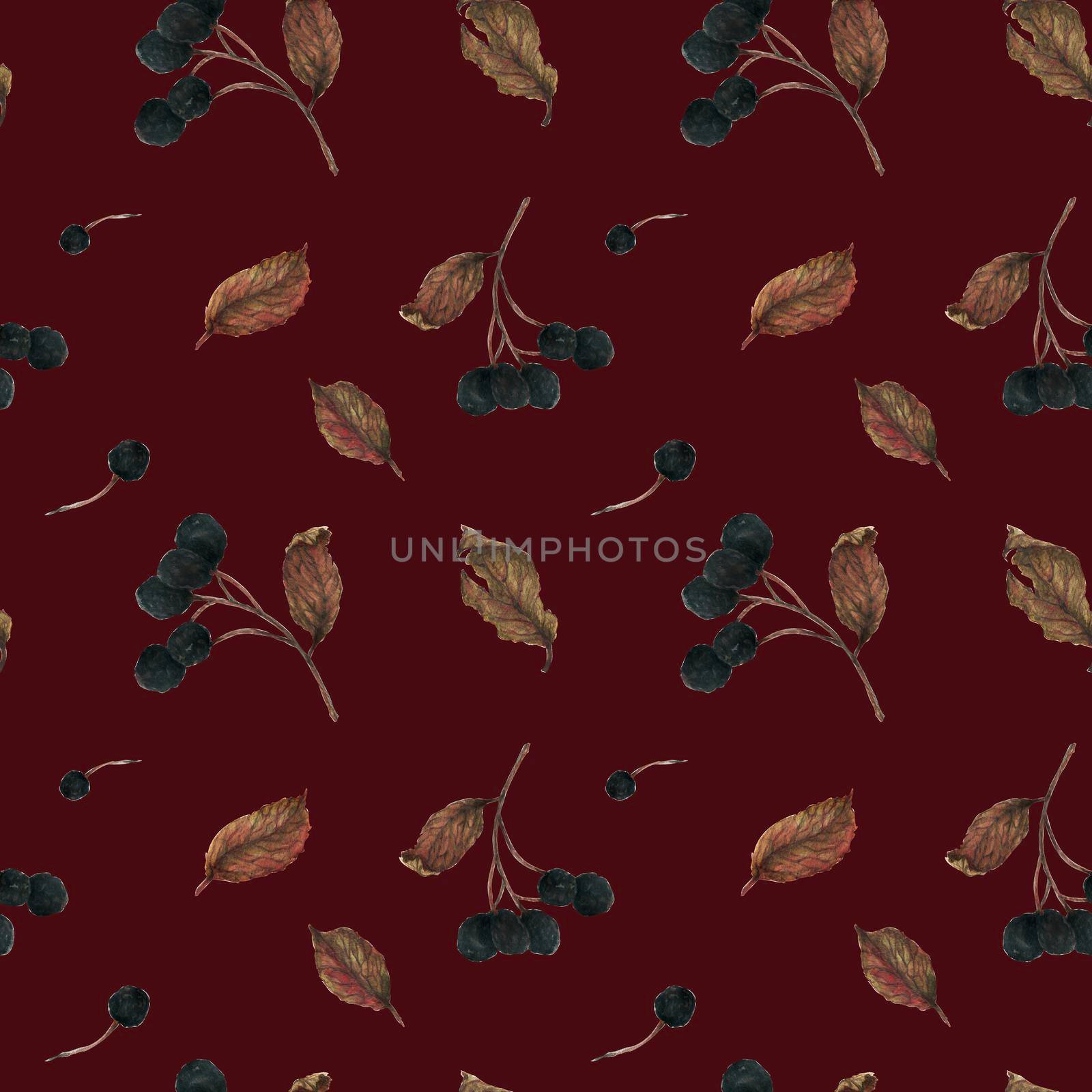 Aronia branches for Christmas ornament. Dried berries and leaves, watercolor red seamless pattern with clipping path
