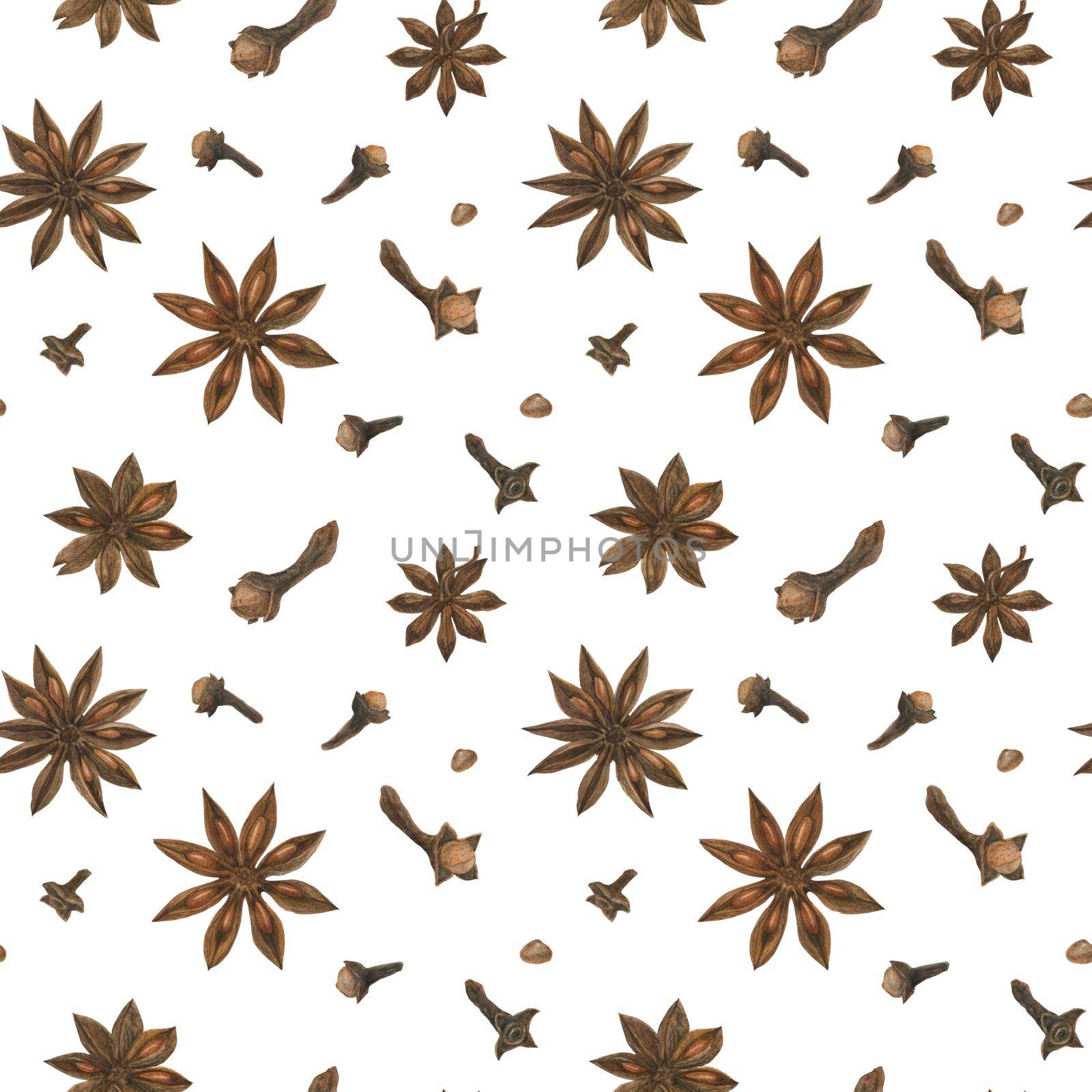 Dried clove and star anise white seamless pattern by Xeniasnowstorm