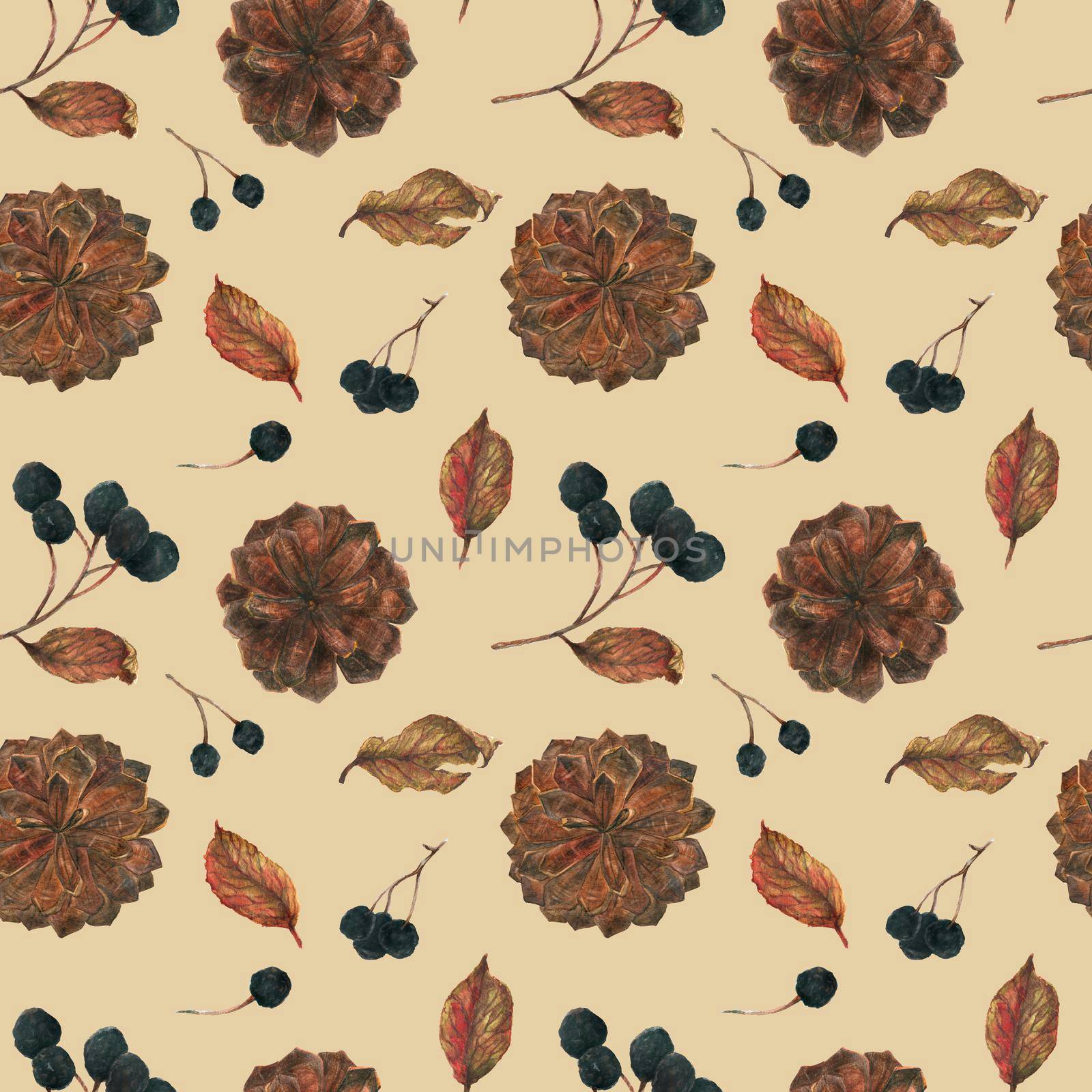 Aronia and Pine Cones for Christmas beige seamless pattern by Xeniasnowstorm