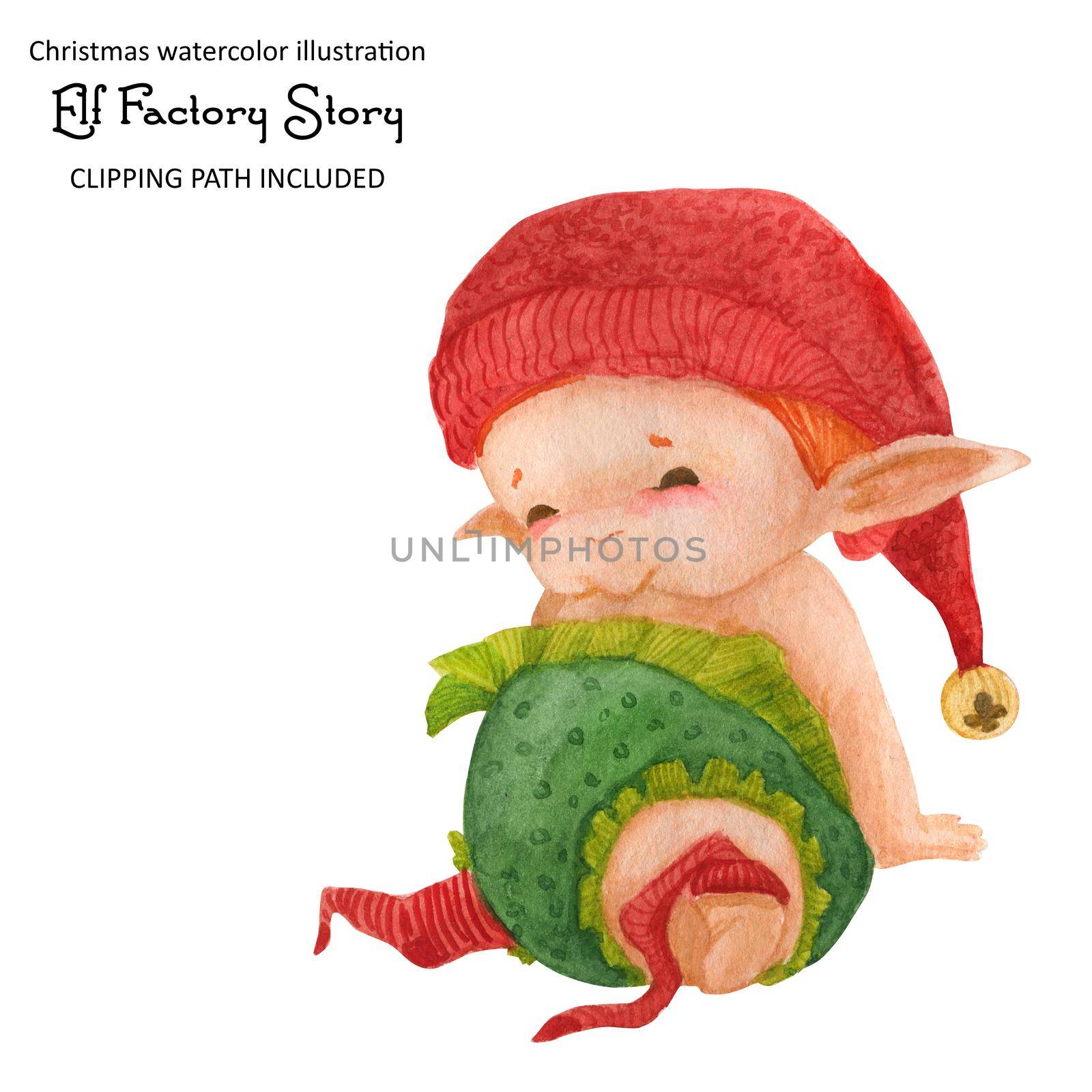 Christmas elf story, elf sweet baby, isolated watercolor and clipping path