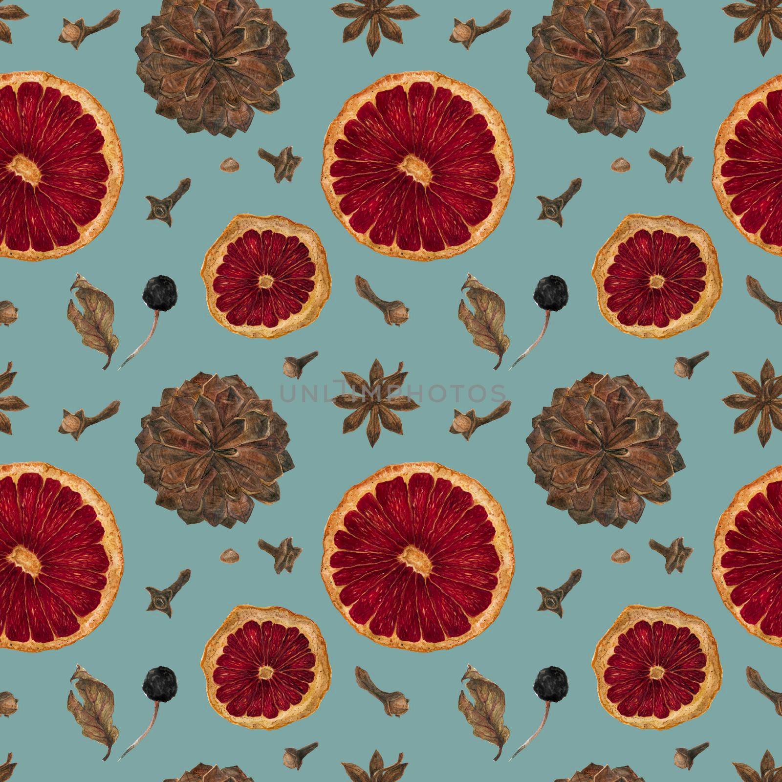 Winter wine seamless pattern with oranges and spices and cones in vintage colors, clipping path included