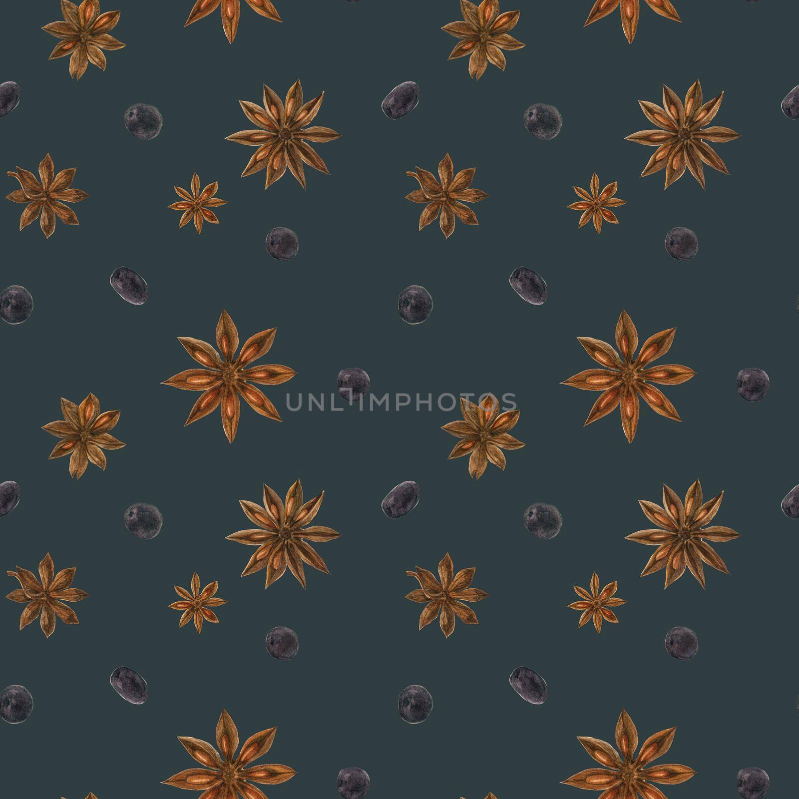 Dried star anise and black berries watercolor dark blue seamless pattern with clipping path