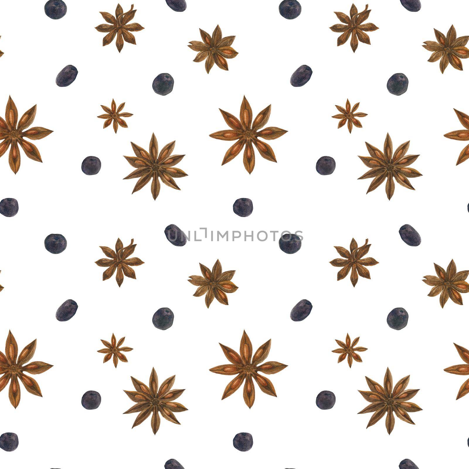 Dried star anise and berries white seamless pattern by Xeniasnowstorm