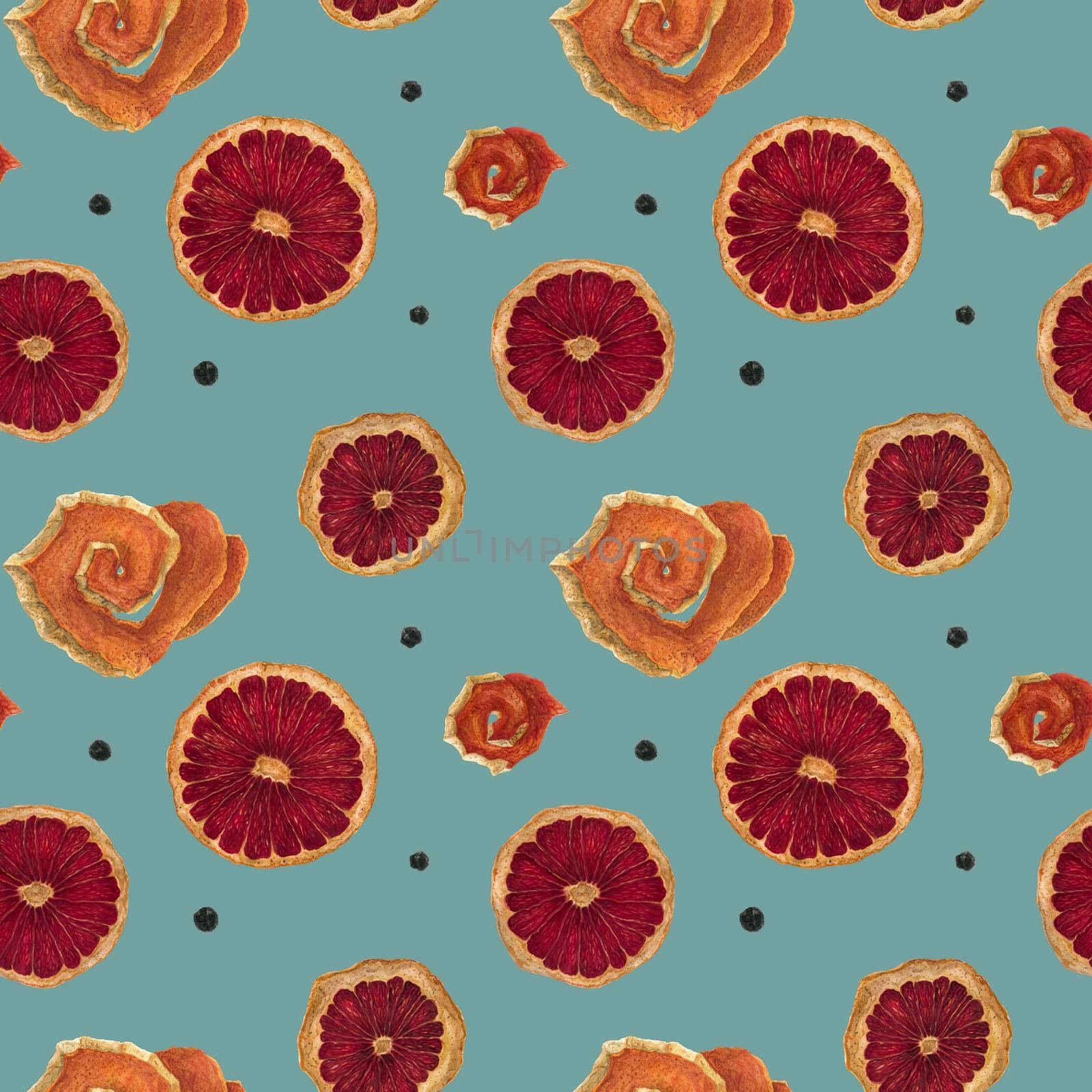 Slices of dried orange seamless pattern, watercolor in vintage colors