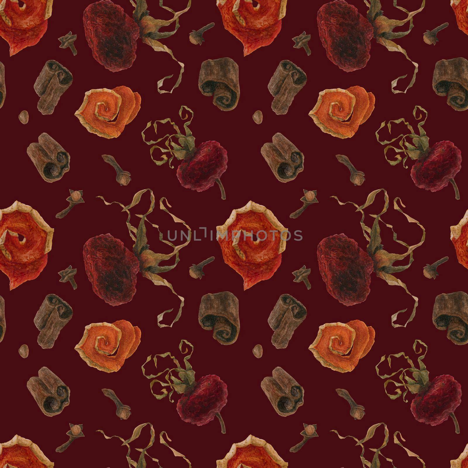 Christmas hot drink spices and hips for seamless pattern, watercolor on a red background