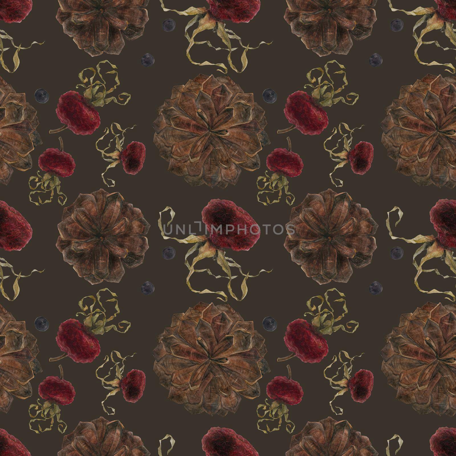 Christmas hot drink spiceshristmas seamless pattern with hips and cones, watercolor on a dark background, clipping path included