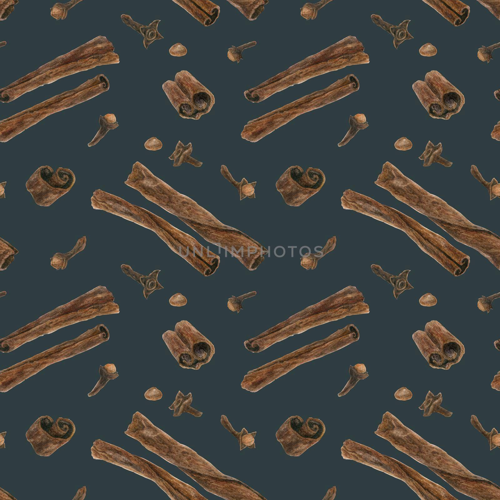 Dried cloves and cinnamon blue seamless pattern by Xeniasnowstorm