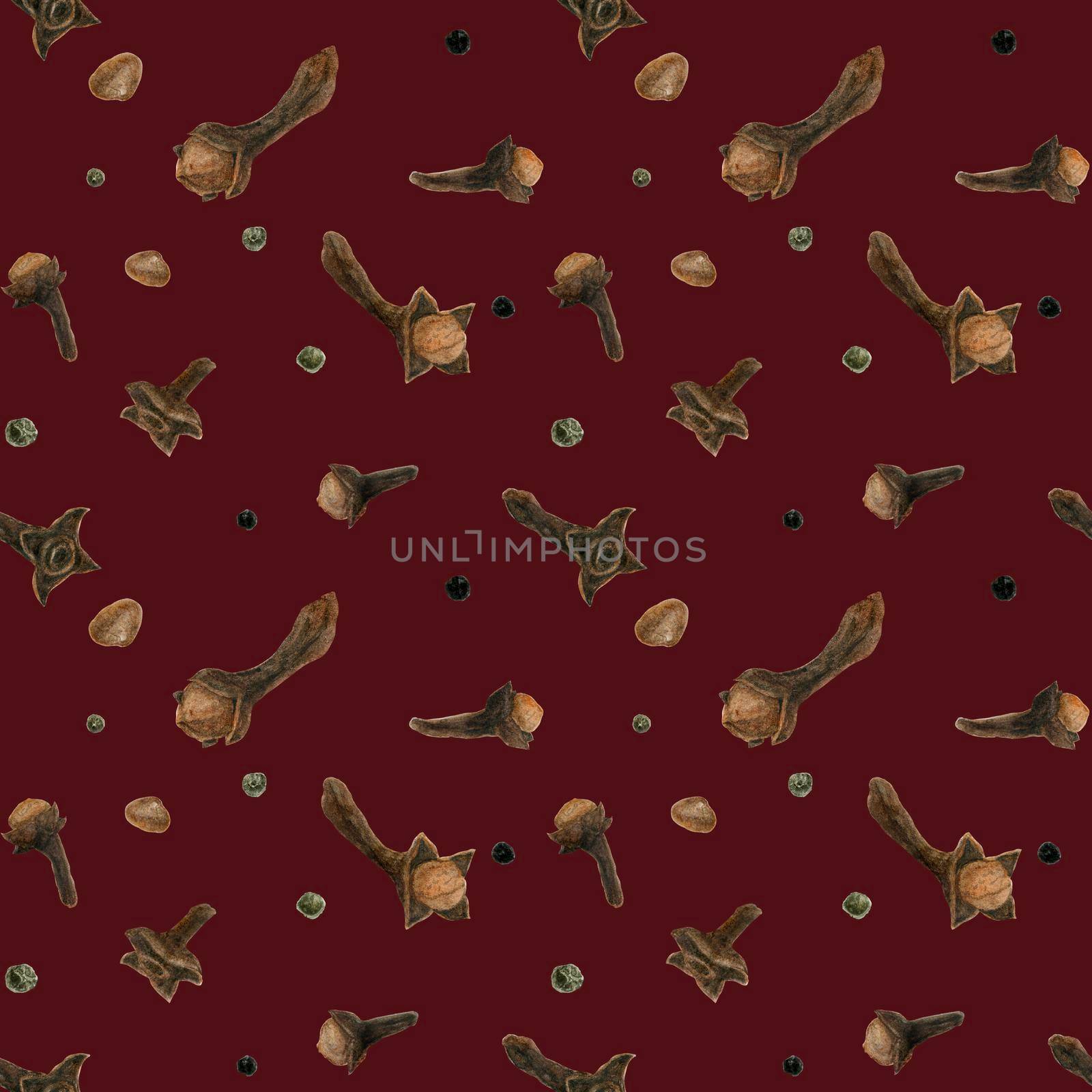 Cloves. Dried buds, watercolor red seamless pattern with clipping path
