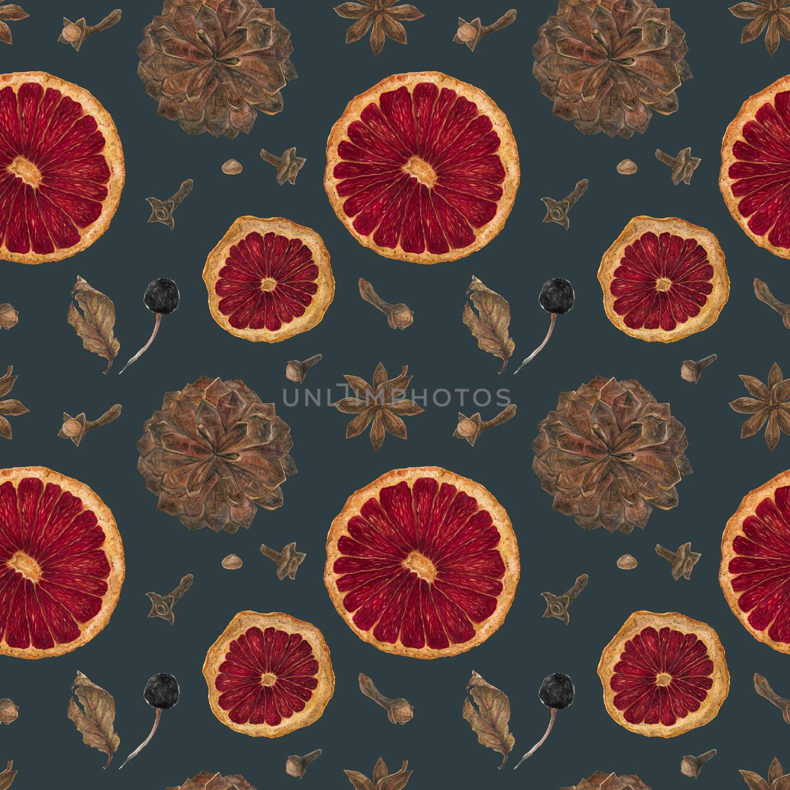 New Year seamless pattern with oranges and spices and cones in dark colors by Xeniasnowstorm