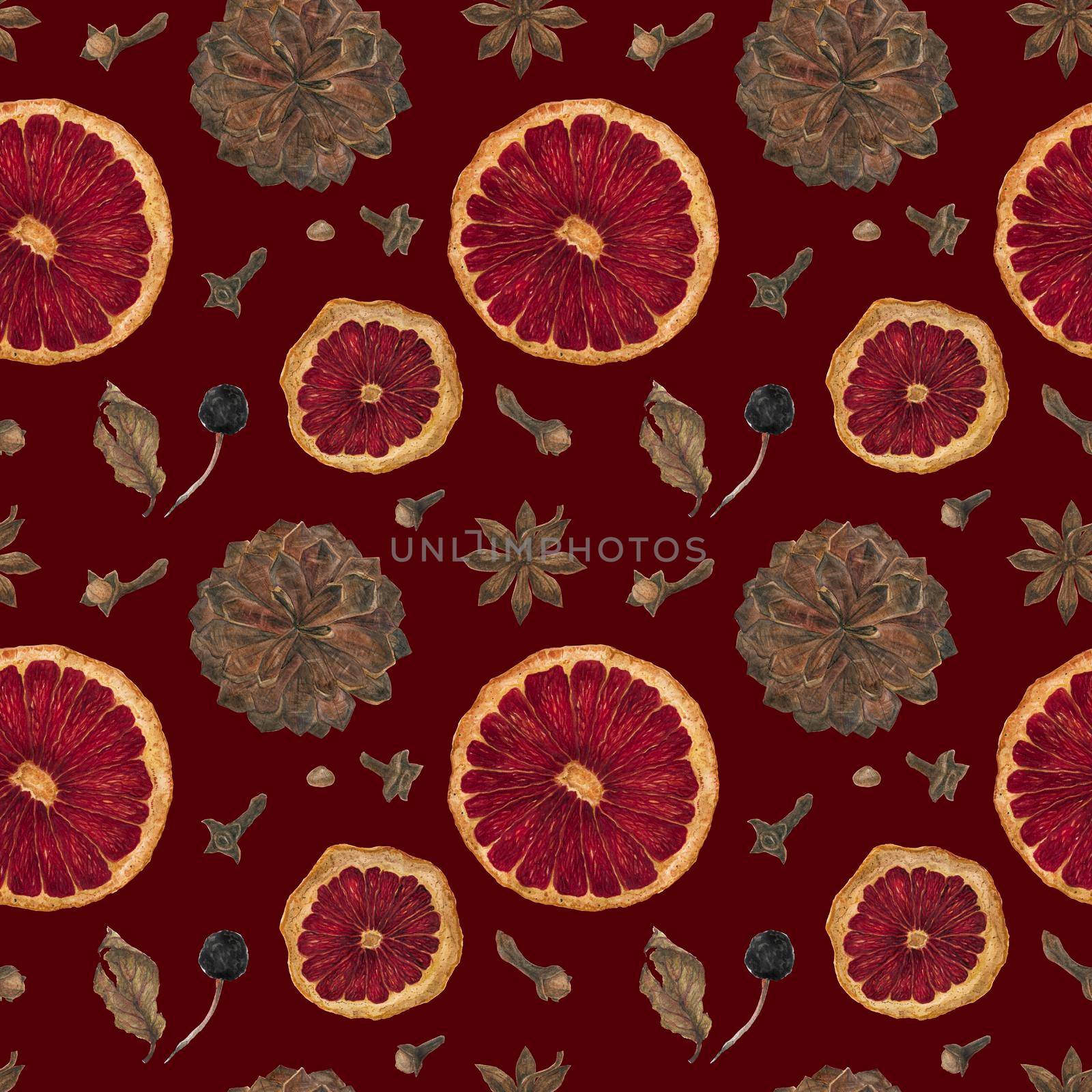Christmas seamless pattern with oranges and spices and cones on a red background, clipping path included