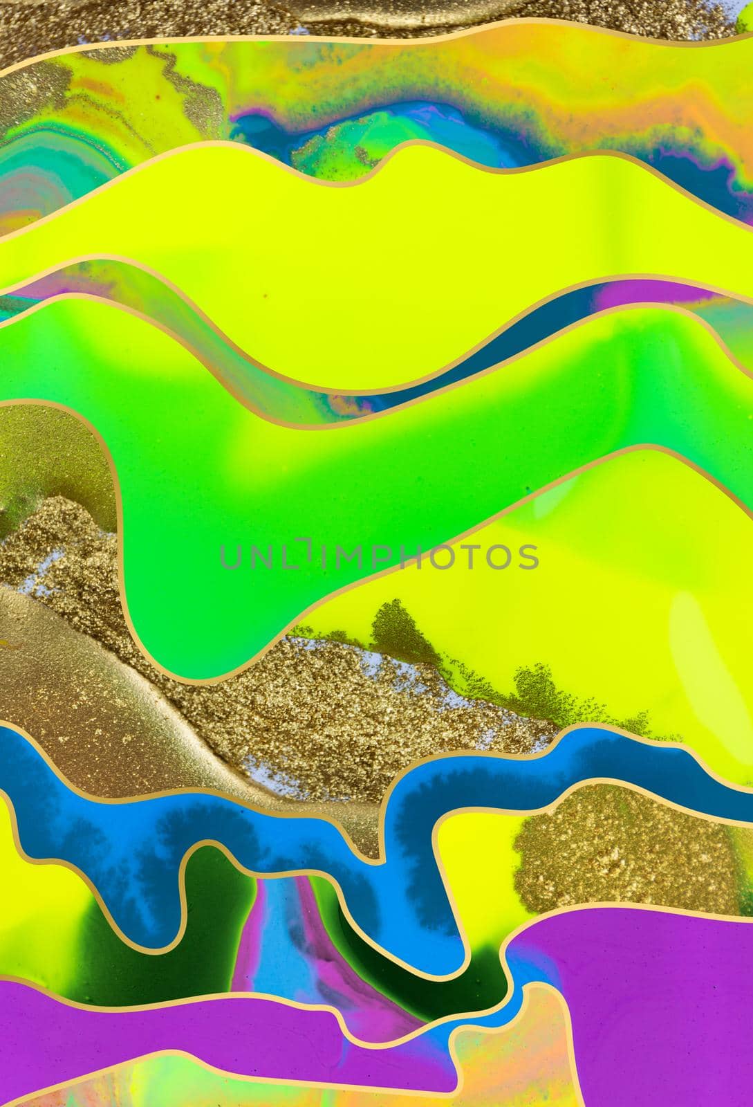 Gold dust and waves on fluorescent inks background