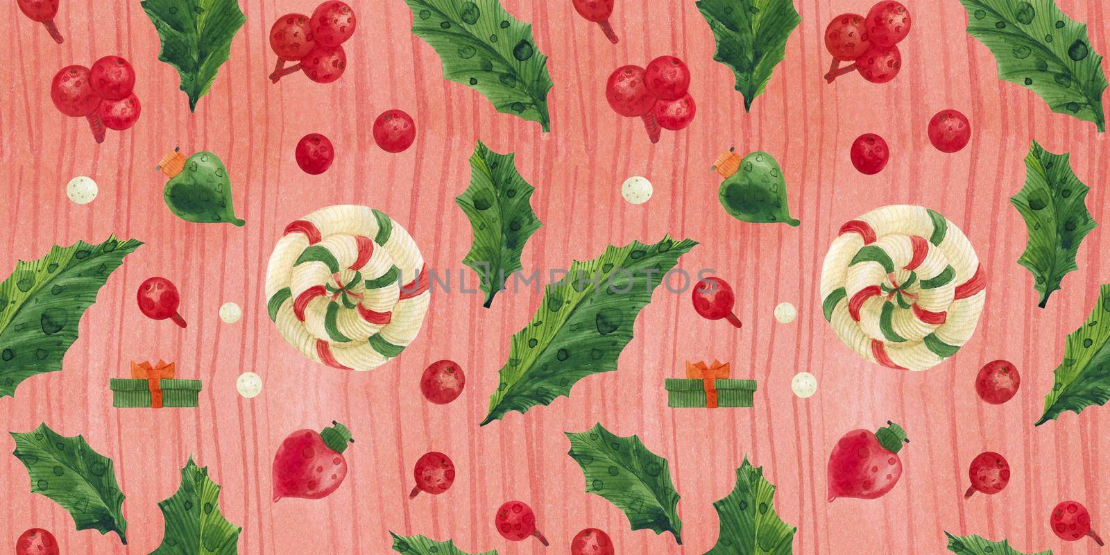 Christmas Elves Factory seamless watercolor pattern with holly and lollipops