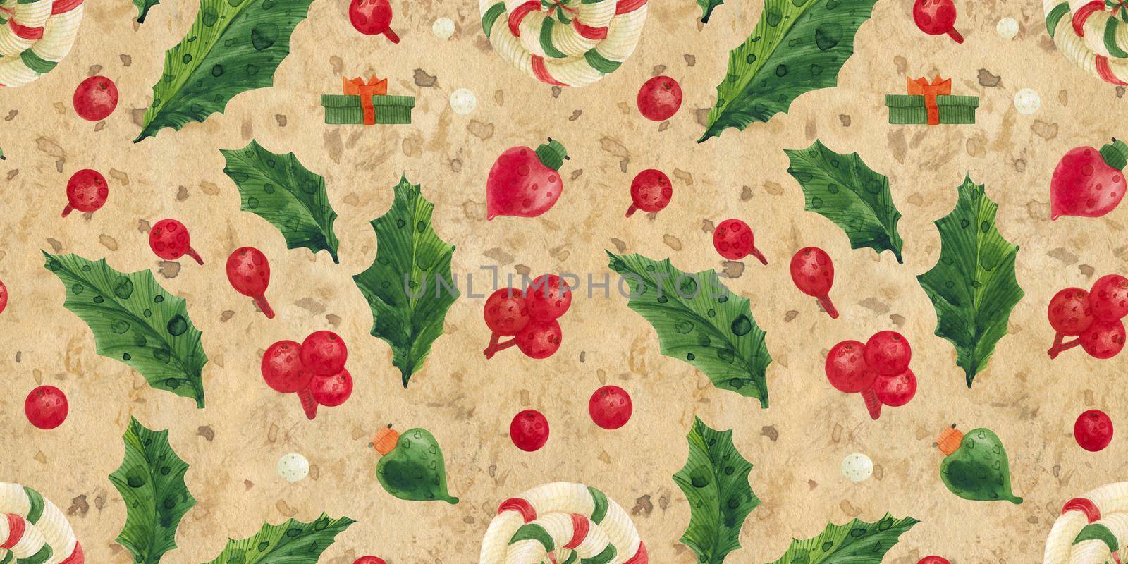 Christmas Elves Factory seamless watercolor pattern with holly and gift box and glass baubles
