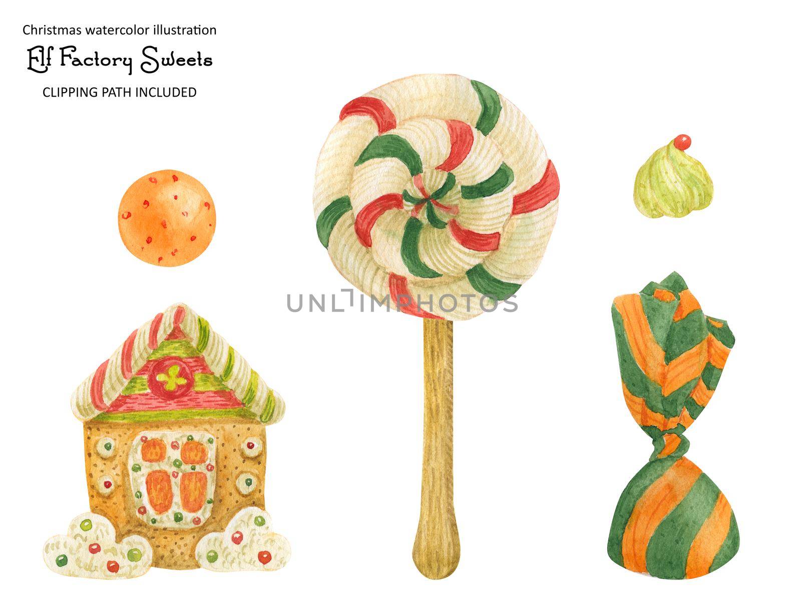 Christmas candy sweets and gingerbread house, watercolor isolated illustration with clipping path