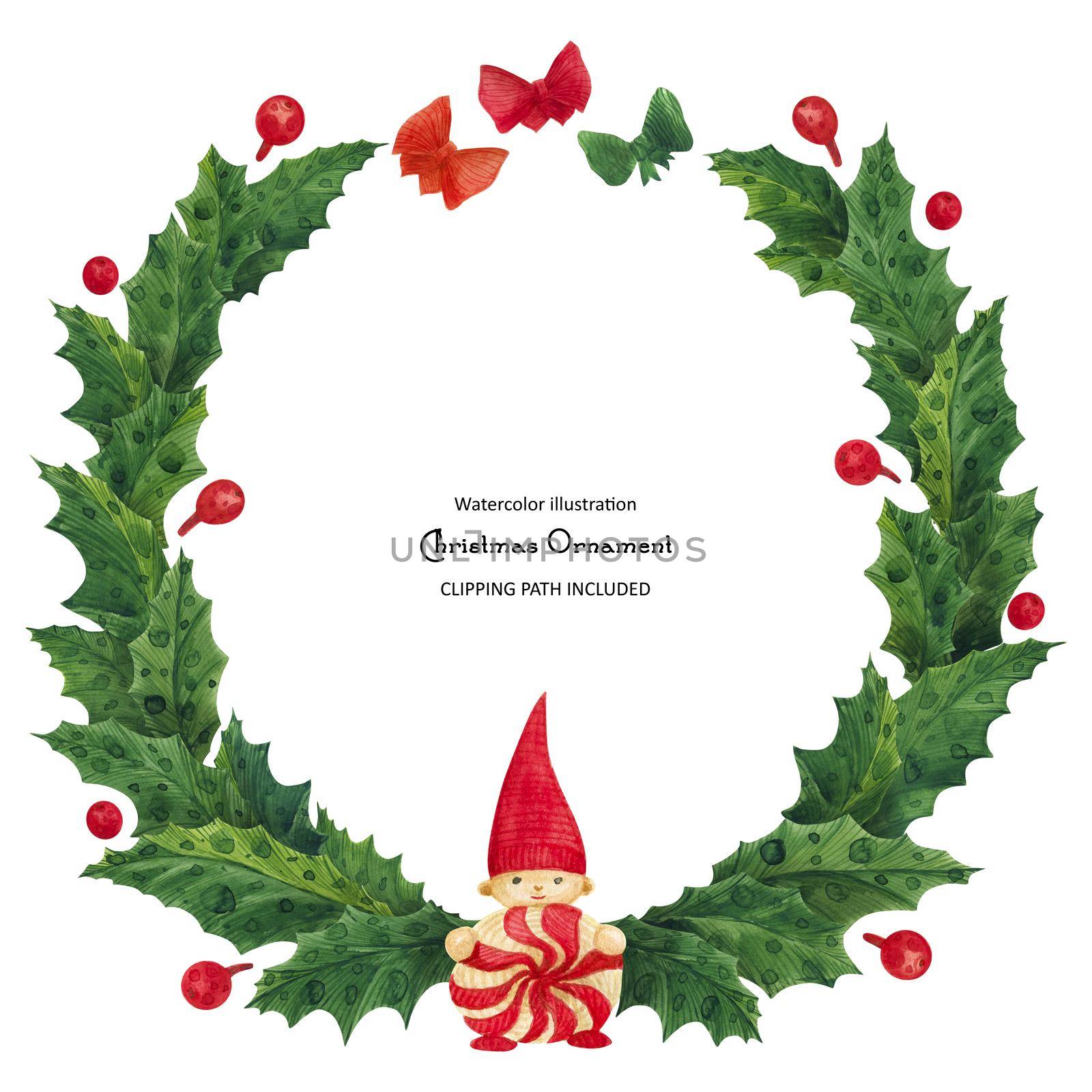 Christmas holly wreath with gnome, isolated watercolor illustration and clipping path