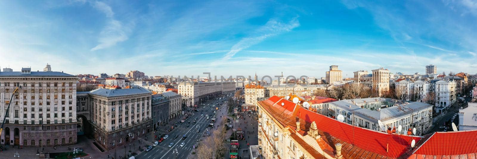 Kyiv (Kiev), Ukraine, 20.12.2021. Main street Khreshchatyk in Kyiv. Aerial view