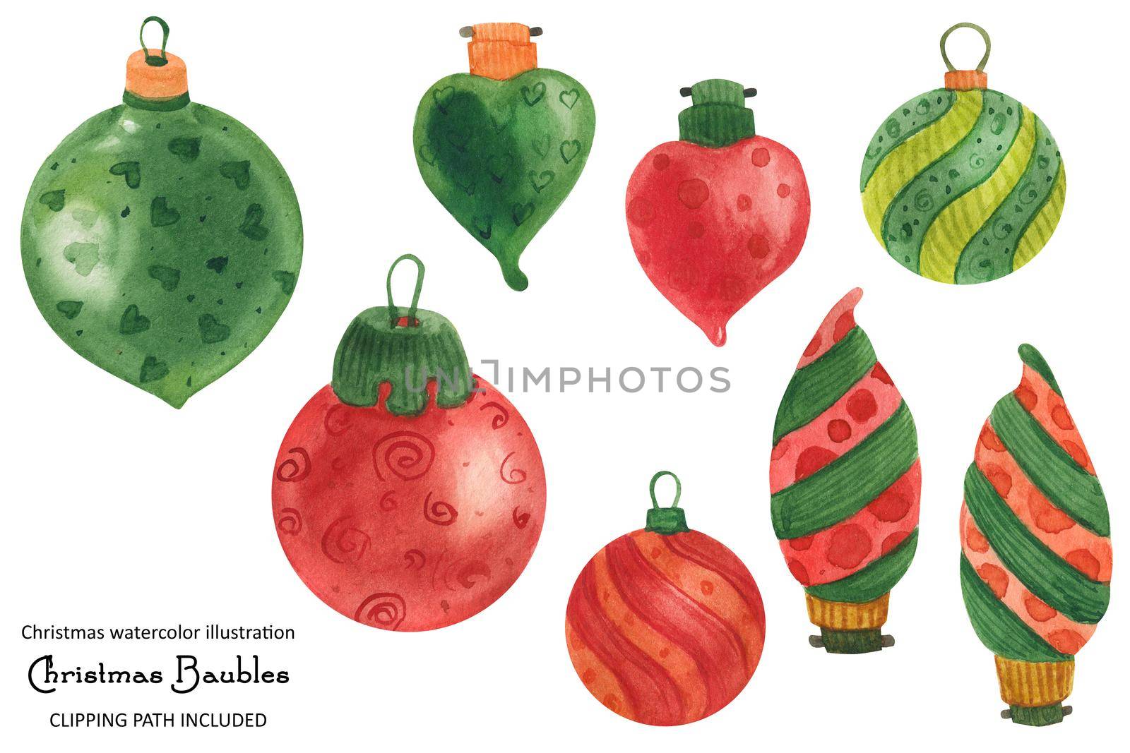 Christmas bulbs and baubles, watercolor isolated illustration with clipping path