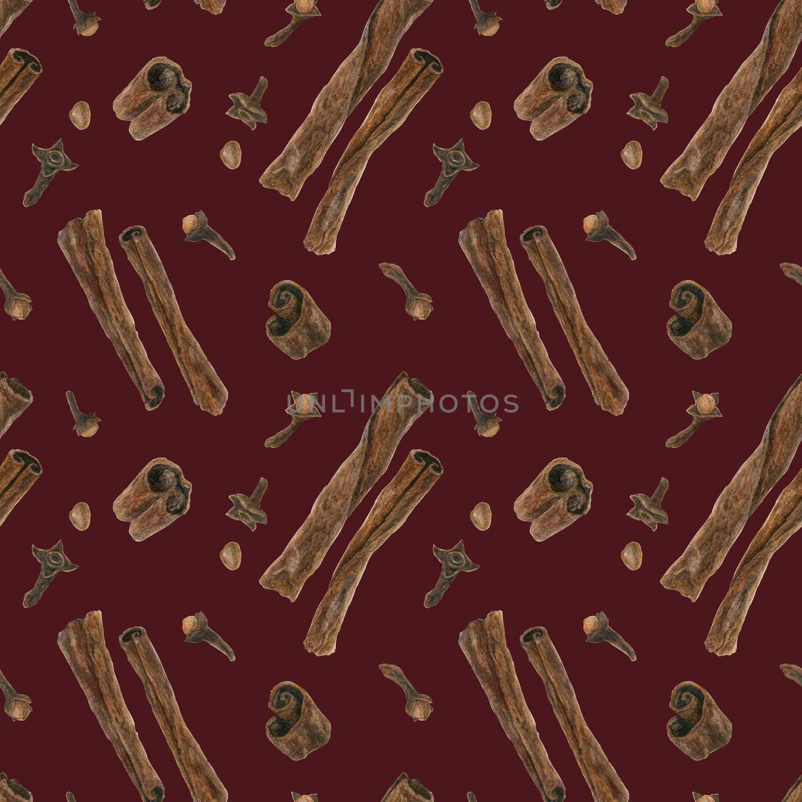 Cinnamon and Cloves. Dried buds and barks, watercolor red seamless pattern with clipping path
