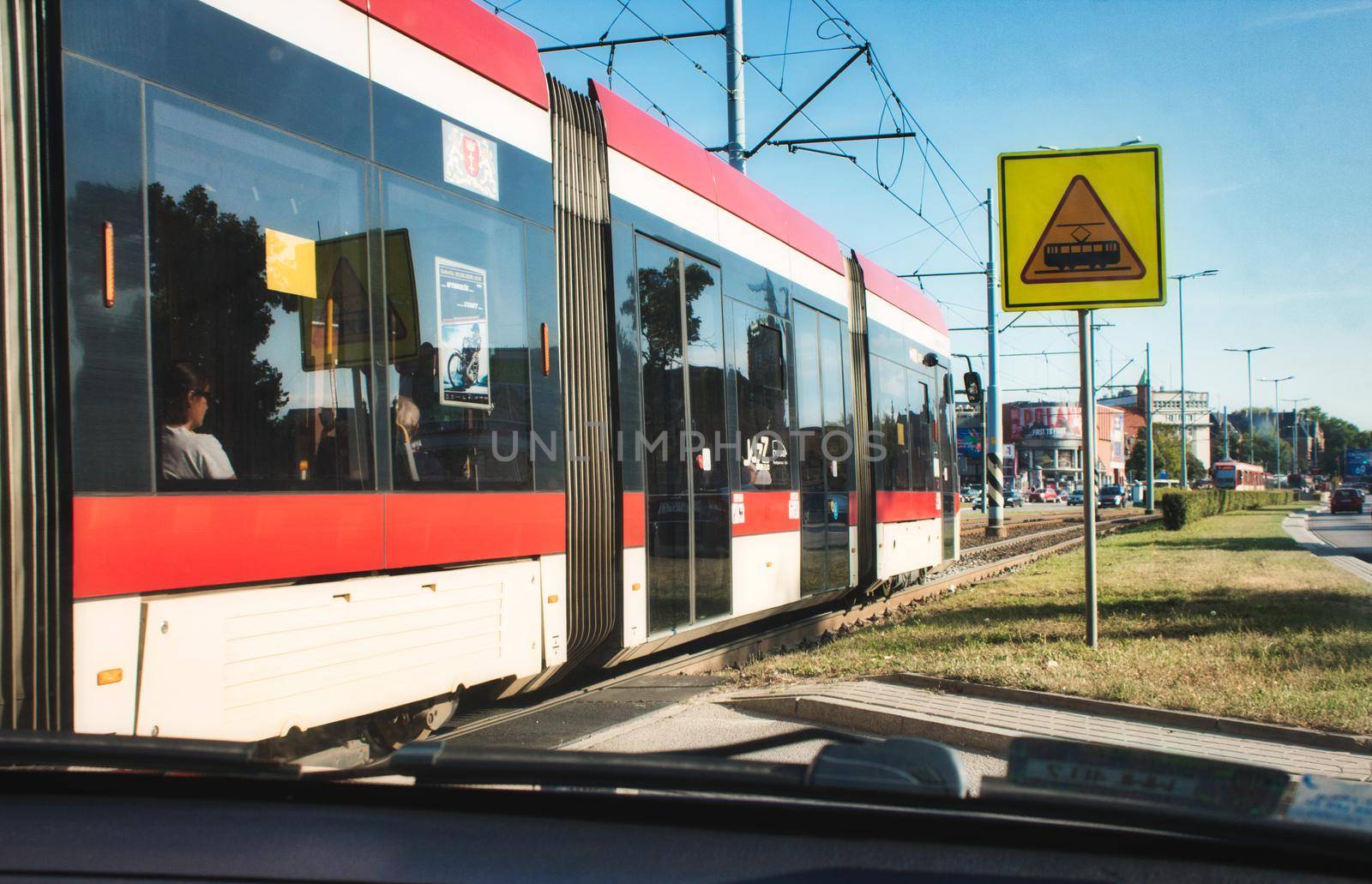 Gdansk / Poland - August 9 2019: Urban tram transporting people across the city