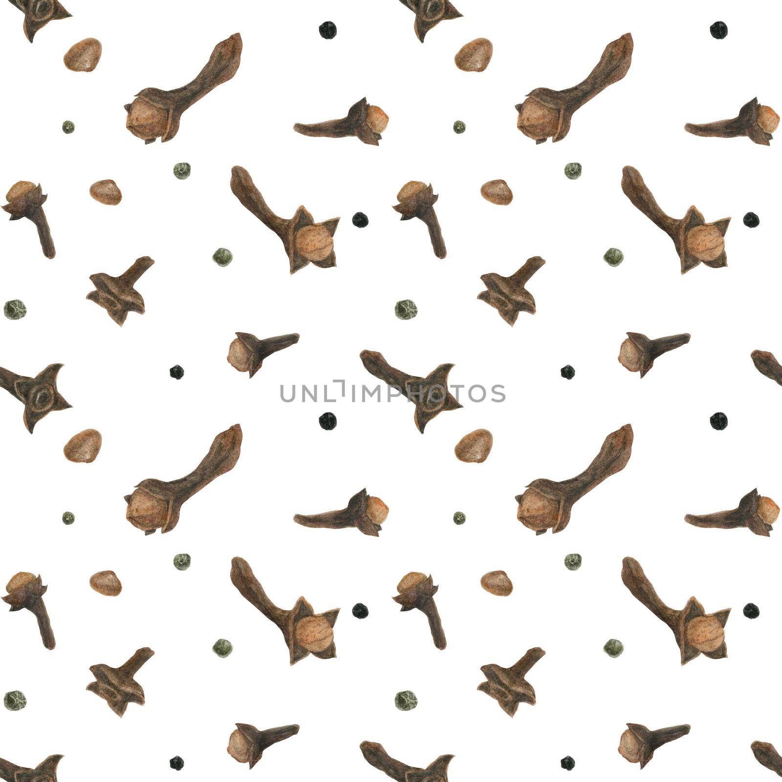 Cloves. Dried buds, watercolor white seamless pattern with clipping path