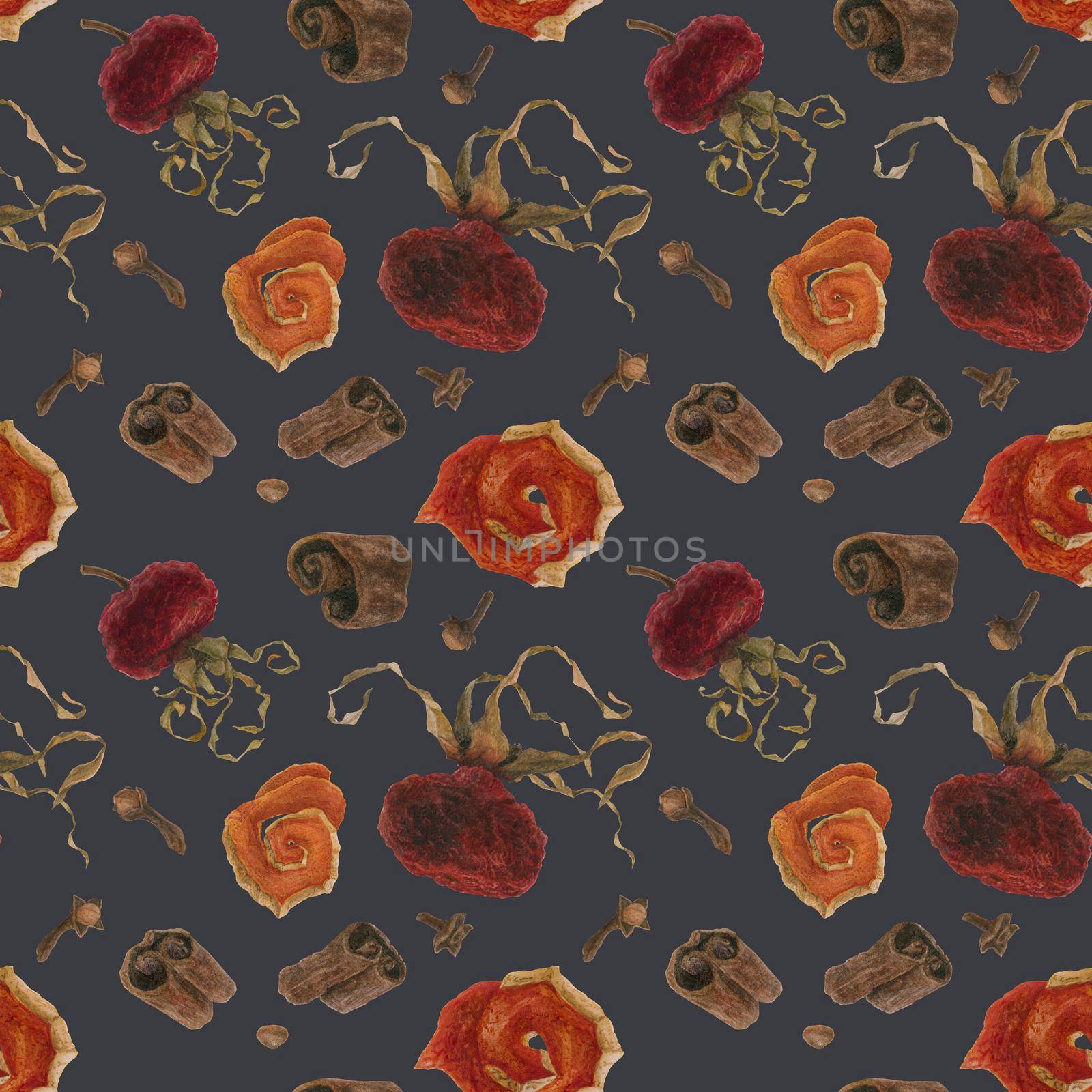Christmas hot drink spices and hips for seamless pattern, watercolor on a dark blue background