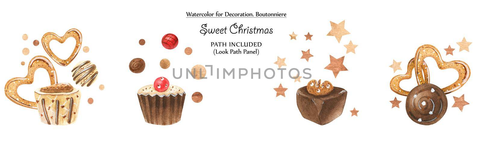 Set of watercolor vignettes with gingerbreads and chocolates by Xeniasnowstorm