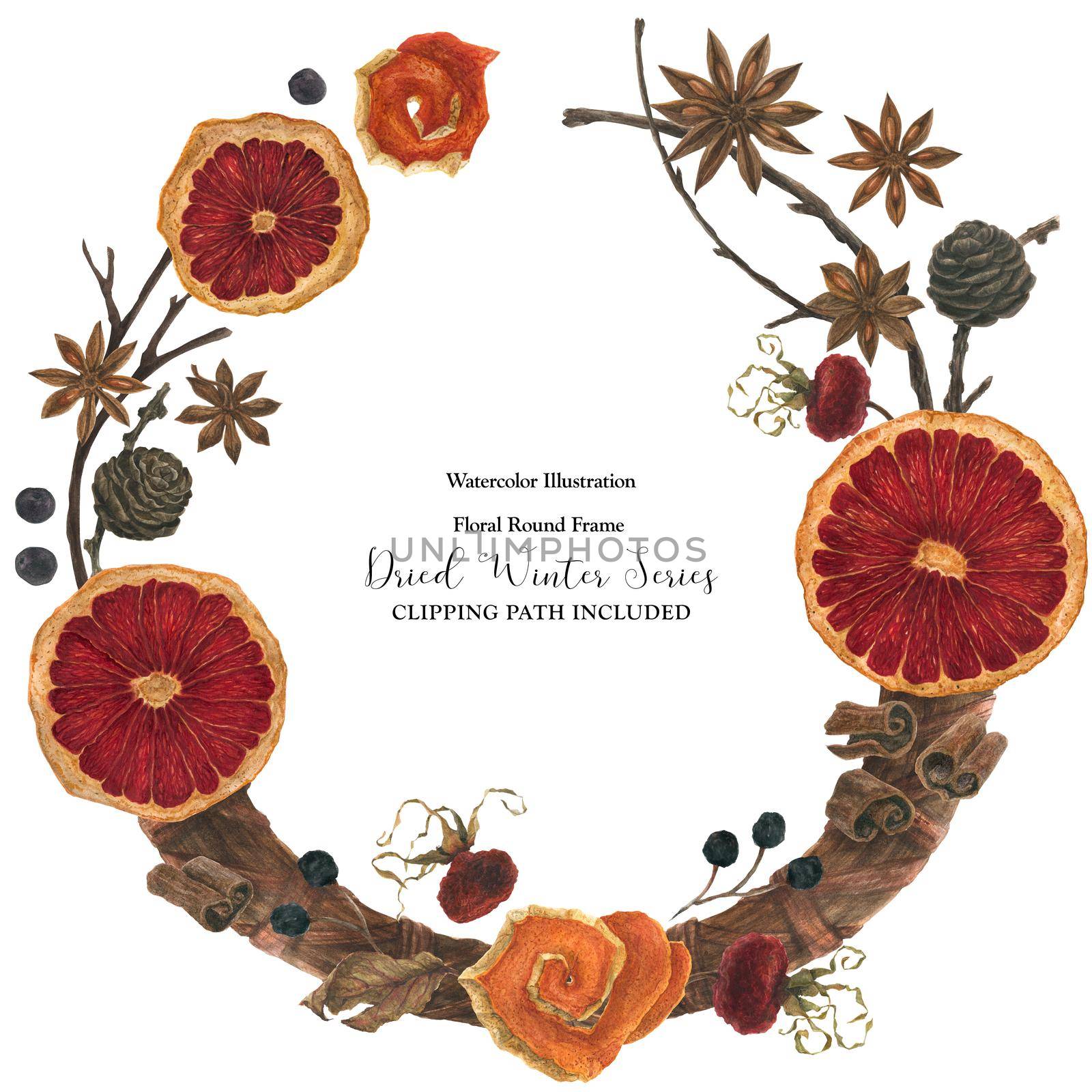 Christmas winter floral hot spiced wine watercolor wreath, clipping path included