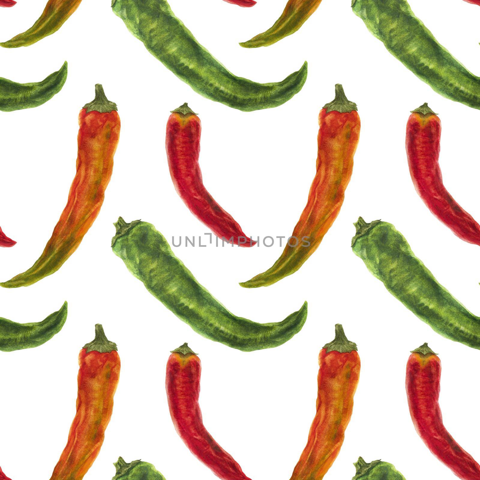 Green, orange and red hot peppers, watercolor seamless pattern with clipping path