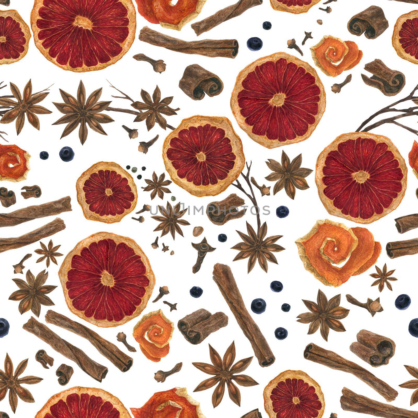 Christmas winter spices in realistic watercolor seamless pattern by Xeniasnowstorm