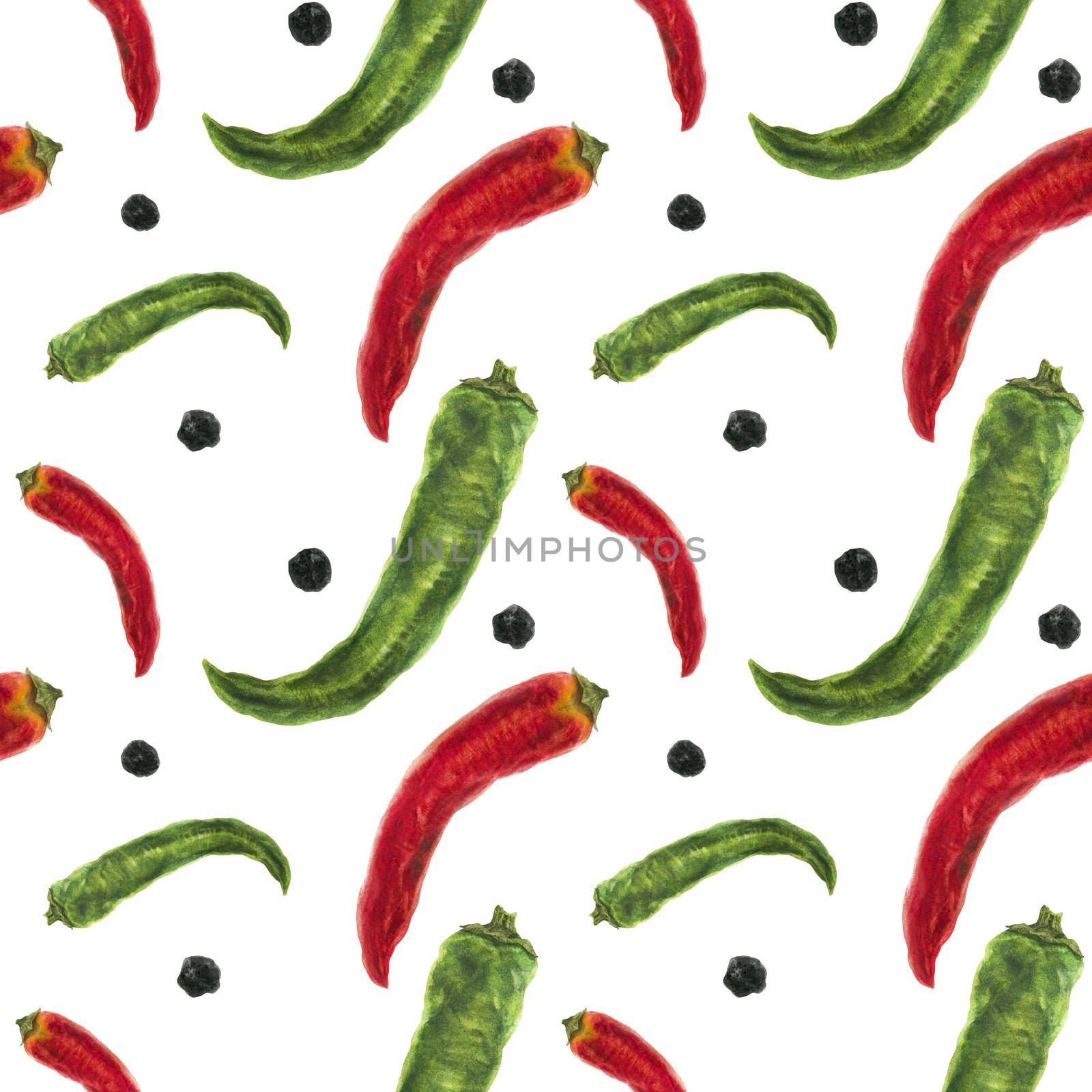 Red and green chili peppers watercolor seamless pattern with clipping path
