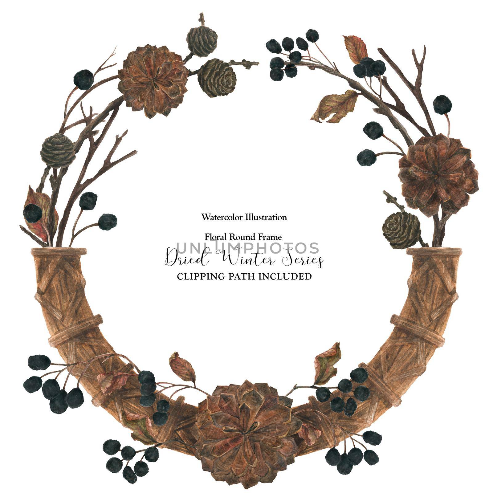 Christmas winter floral watercolor wreath, clipping path included