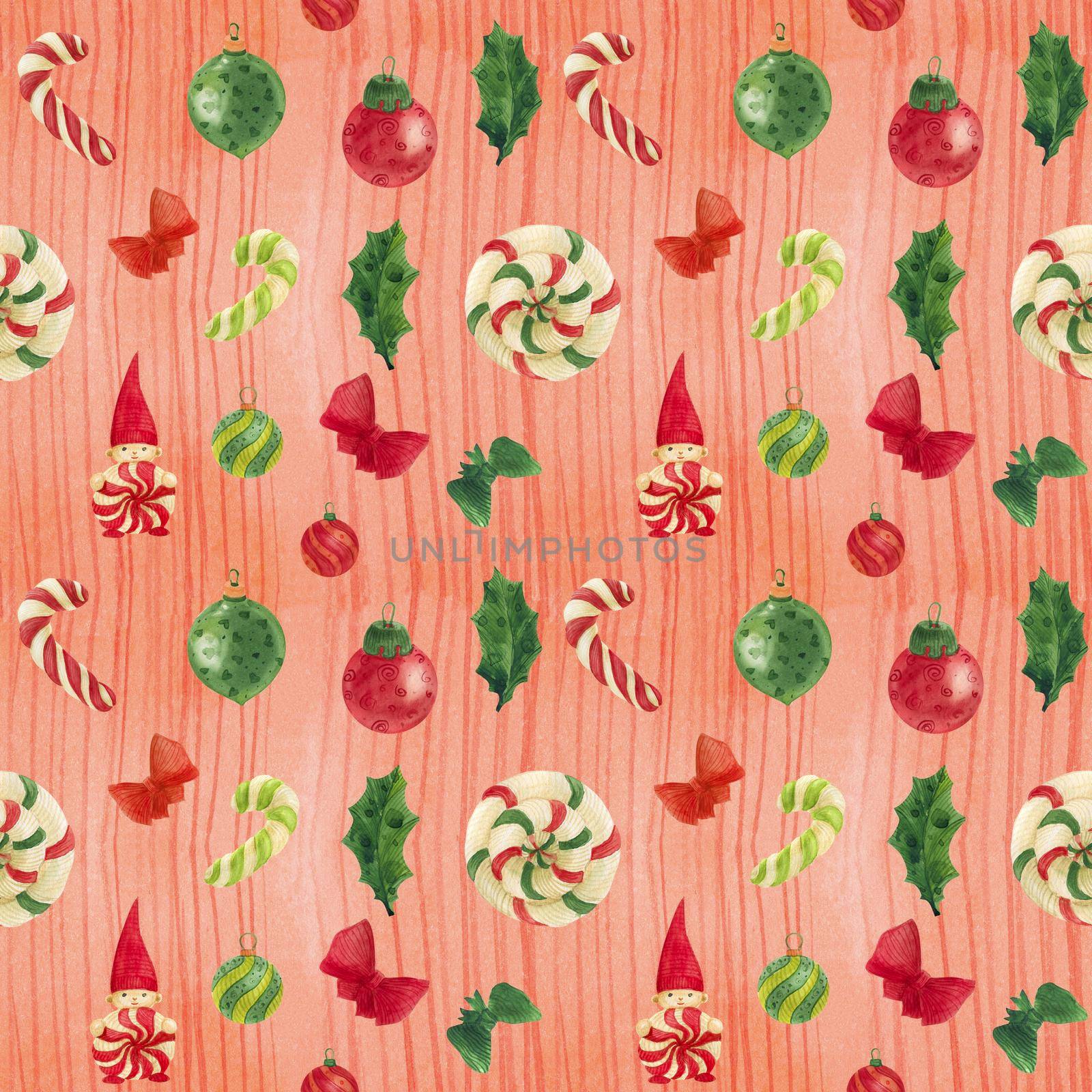 Christmas watercolor red seamless pattern with gnome and candy canes and glass baubles