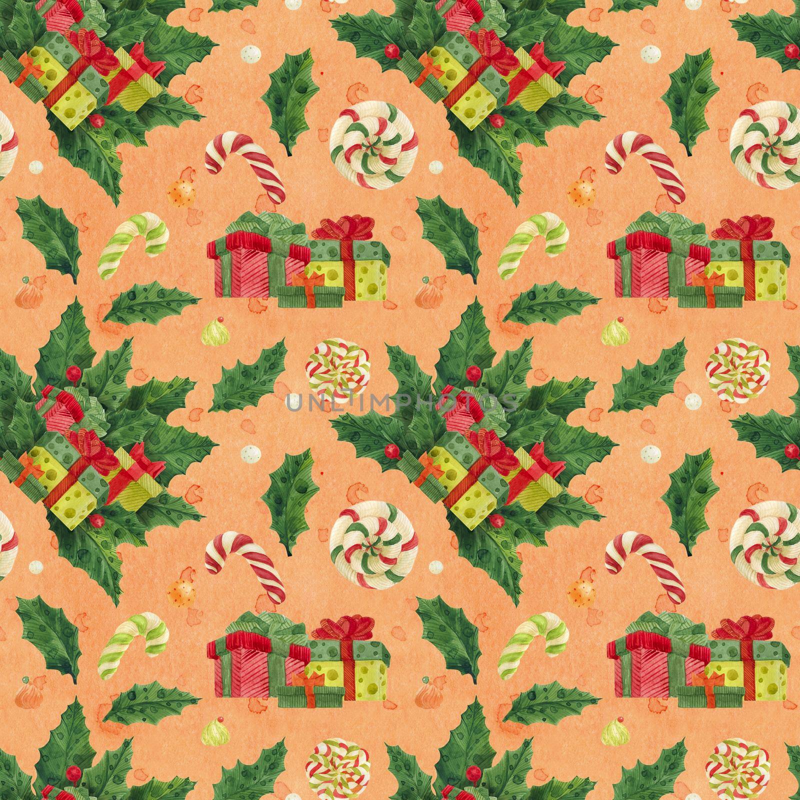 Christmas Holly watercolor seamless pattern with gifts and and candy cane and lollipop