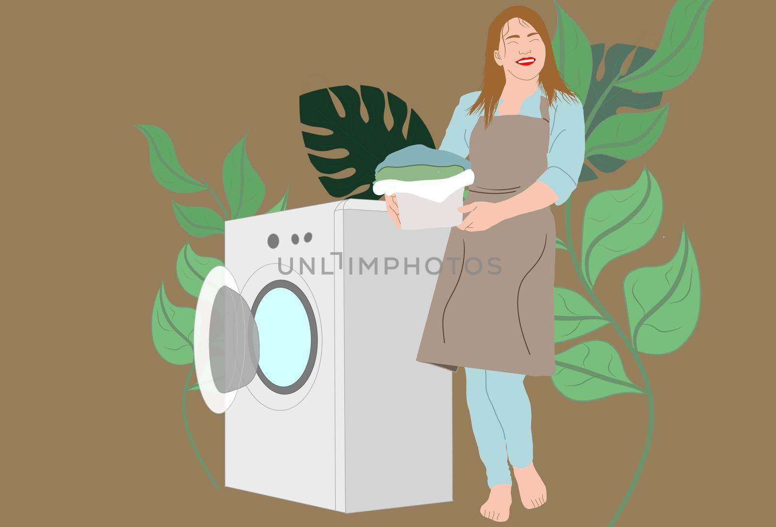 Woman Hand Washing Her Clothes and Doing Laundry squatting. Home people activity. Flat hand drawn illustration. by Andelov13
