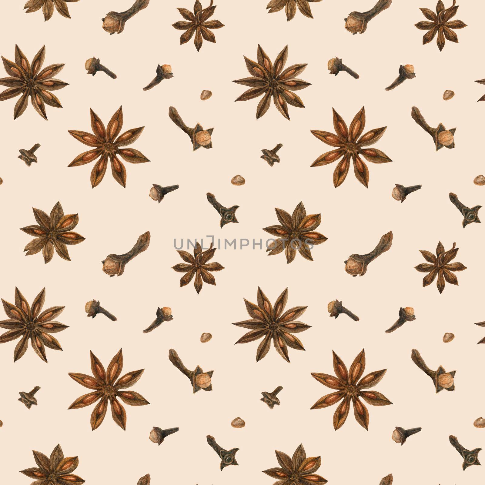 Star anise and clove spices seamless pattern, watercolor with clipping path
