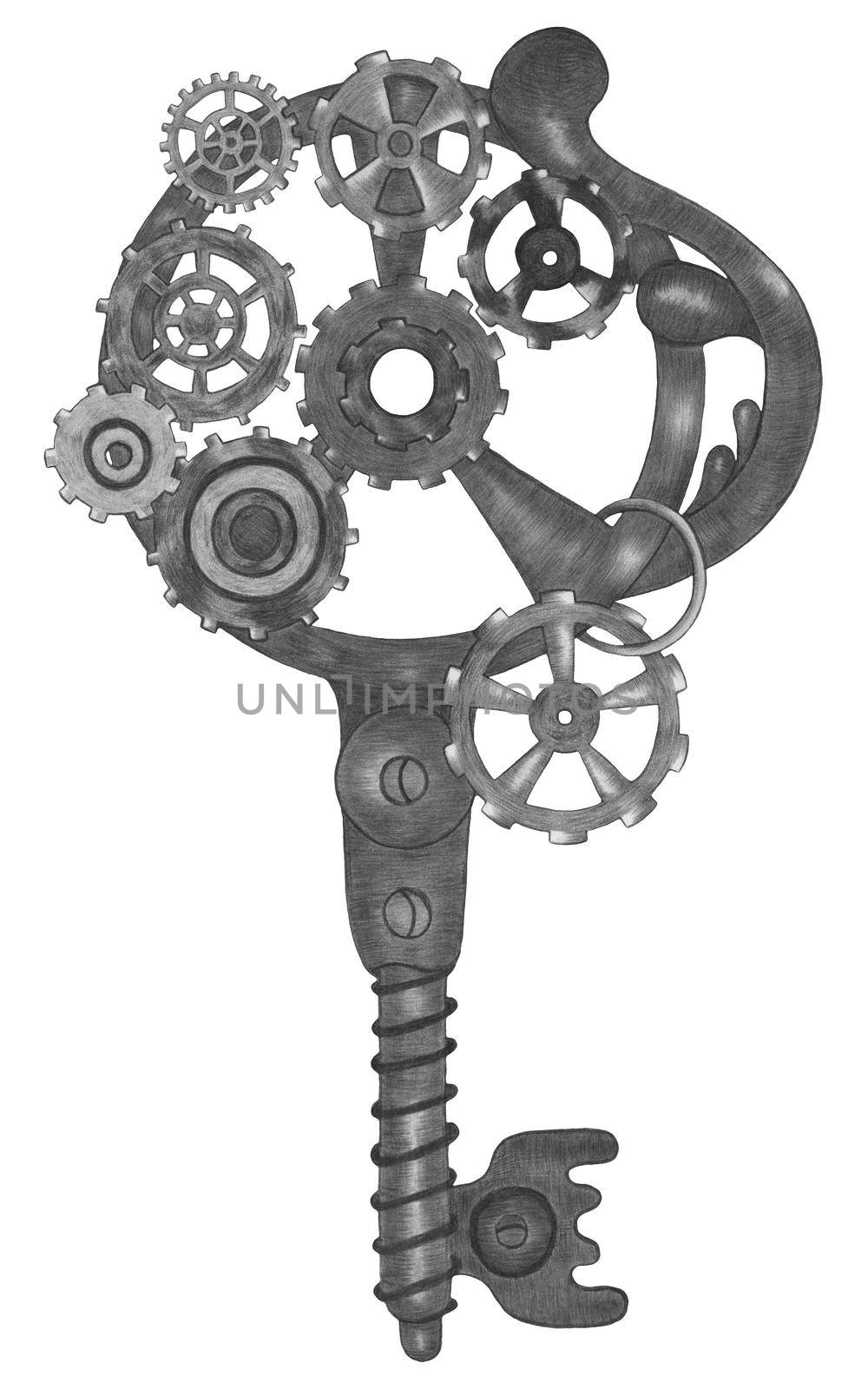 Hand Drawn Illustration of Colorful Steampunk Key in Gray Colors on White Background. Steampunk Key Design Element Drawn by Color Pencils.