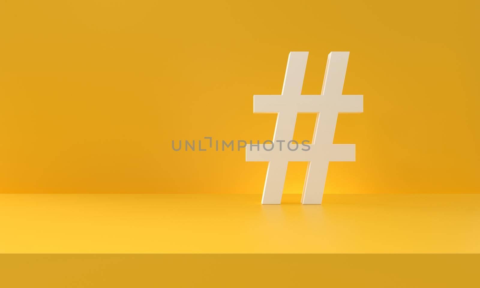 Hashtag symbol white in yellow photography studio background. Trending topics, trends, digital marketing. 3d rendering.