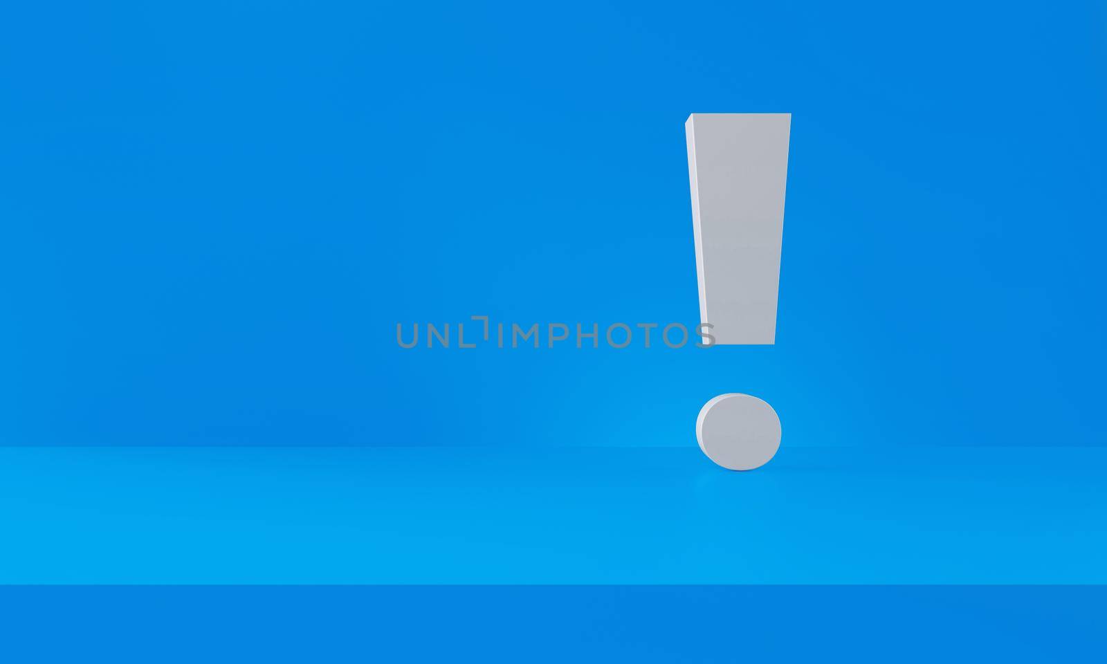 Exclamation mark white in blue photography studio background. 3d rendering. by ImagesRouges