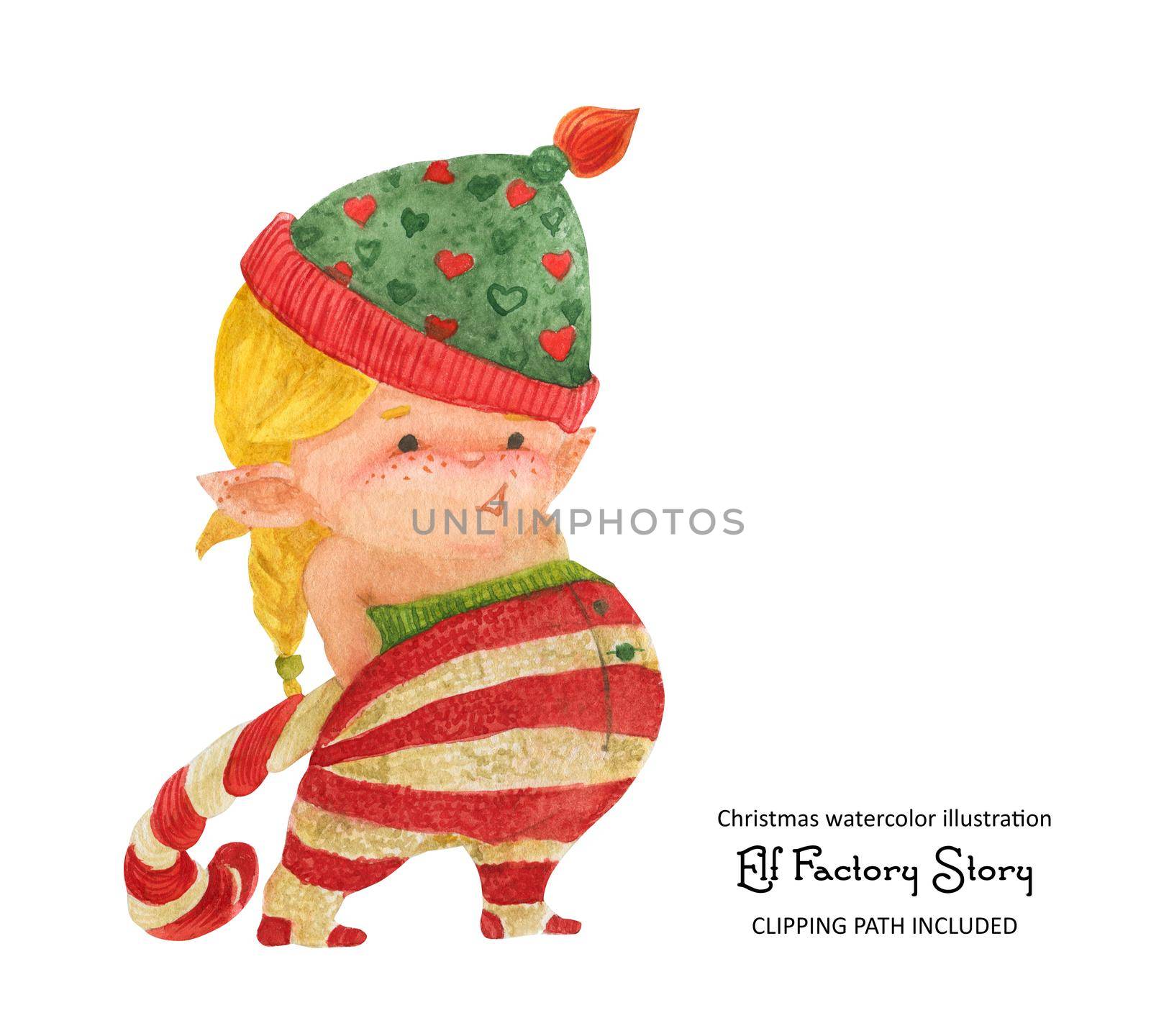 Christmas elf story, elf girl with candy cane, isolated watercolor and clipping path