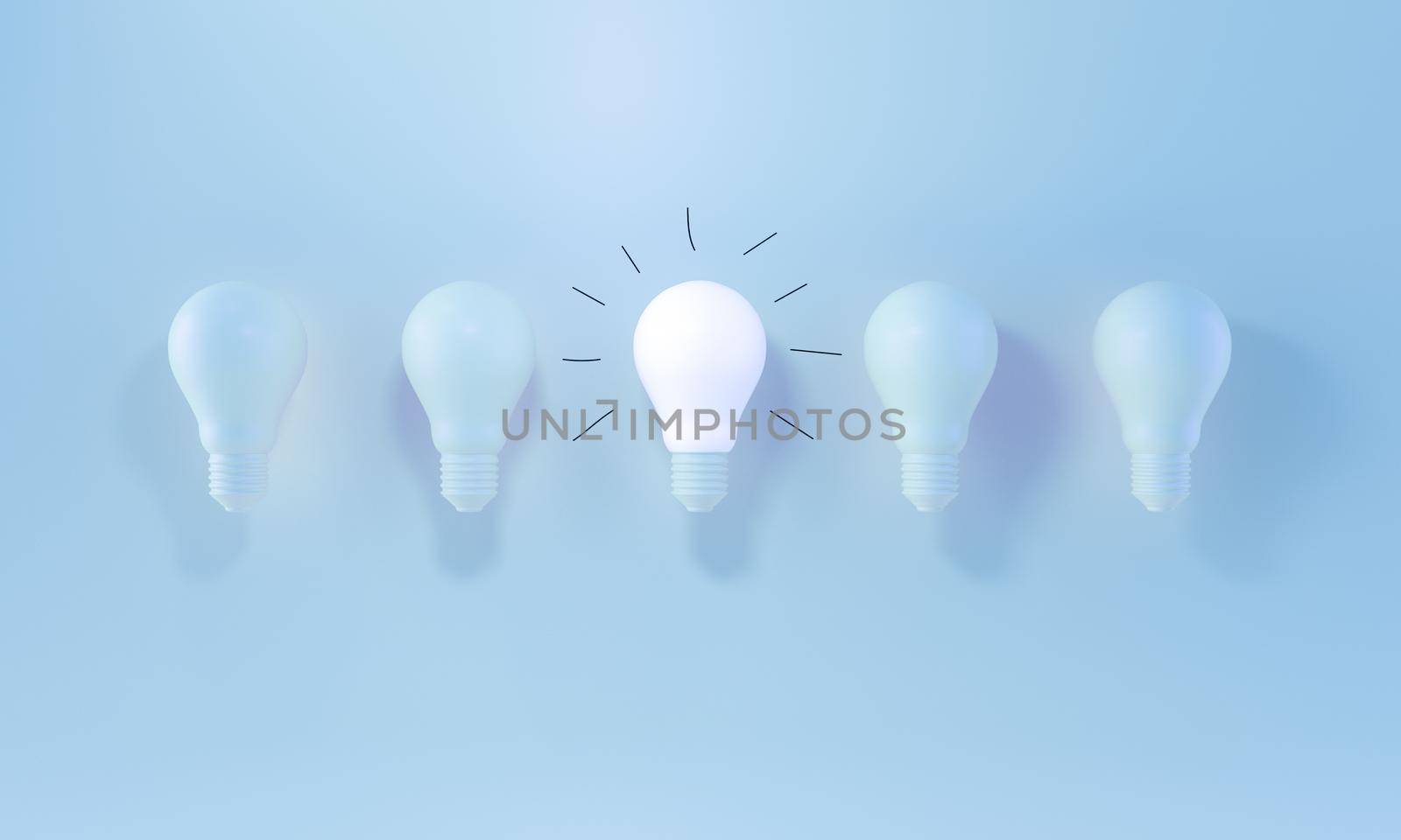 Glowing Light Bulb and handmade gloss lines between the others on blue pastel background. Innovation, Creativity, great idea, Leadership and individuality concepts. 3d rendering.