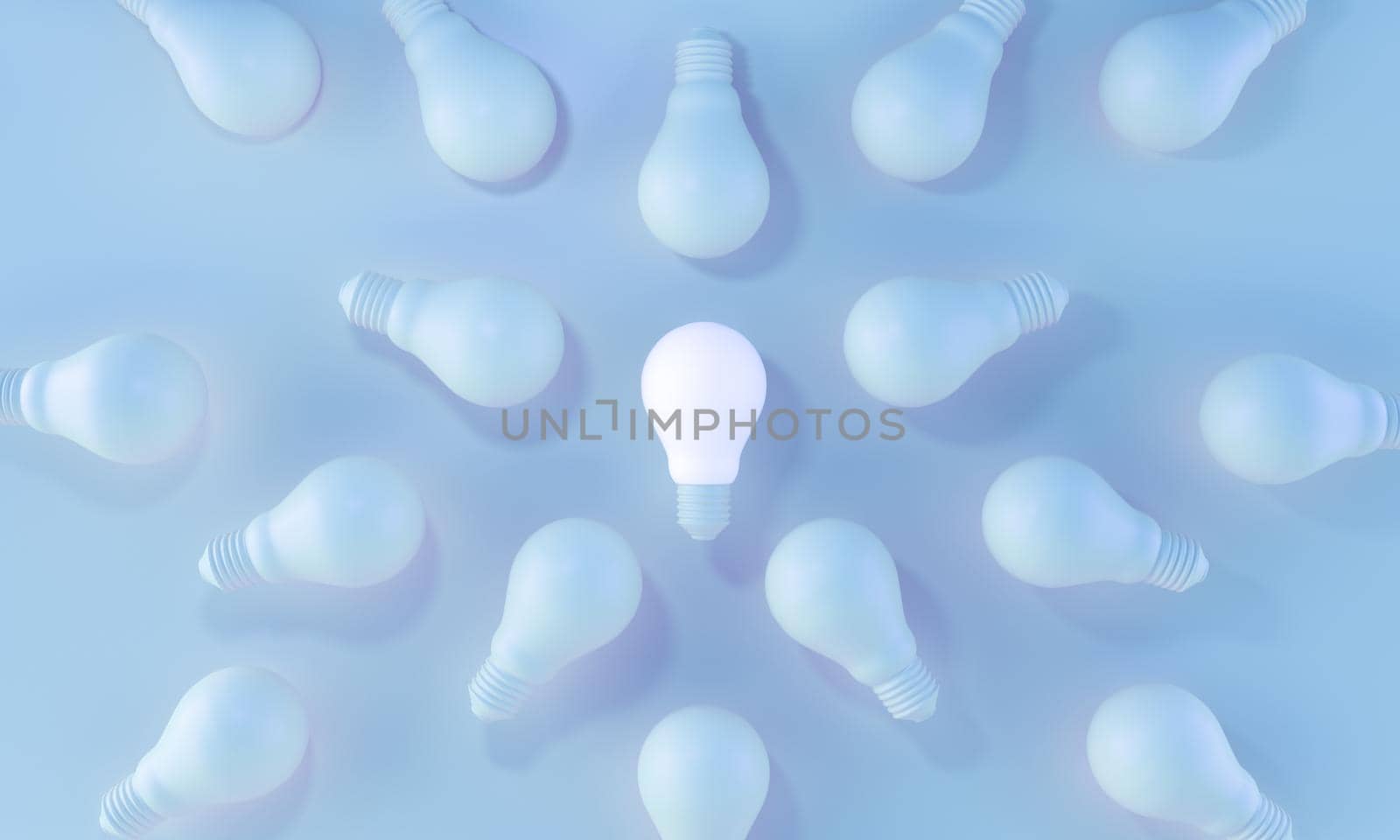 Glowing Light Bulb white Standing Out From the Crowd on blue background. ideas, leadership, creativity concept. 3d rendering. by ImagesRouges