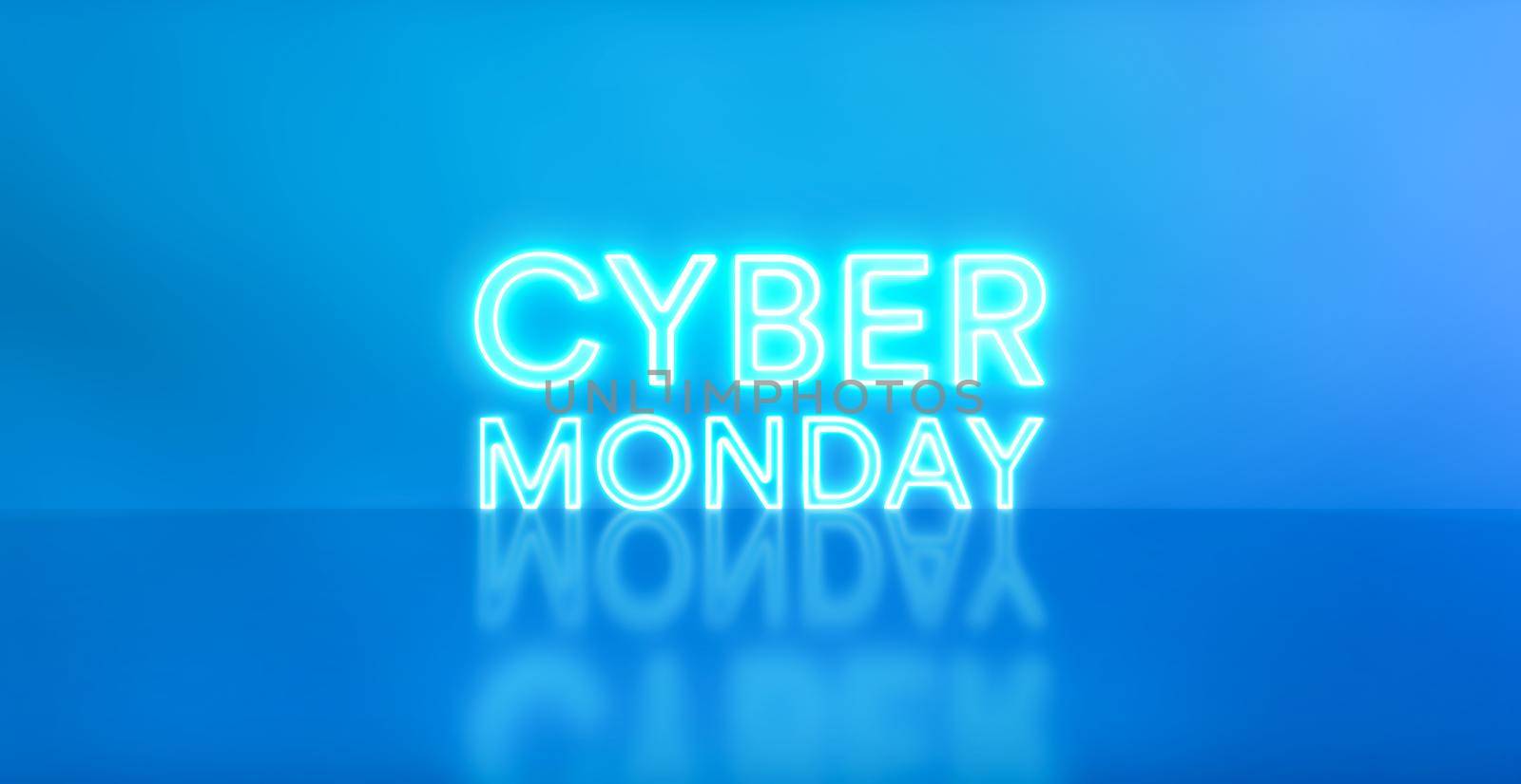 Cyber monday neon sign on blue studio background. Glowing white and blue neon text for advertising and promotion. Sale shopping concept. Icon neon light banner. 3d rendering - illustration.