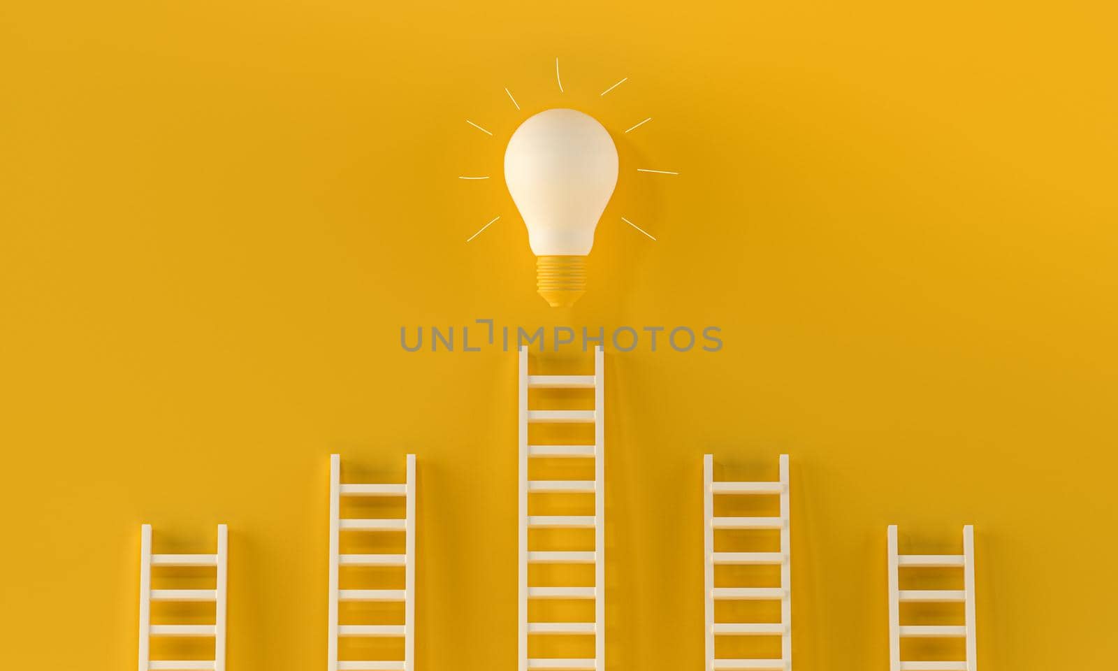 Several stairs and one of these leads to a Glowing light bulb on yellow background. Winner, startup, concept. 3D rendering. by ImagesRouges