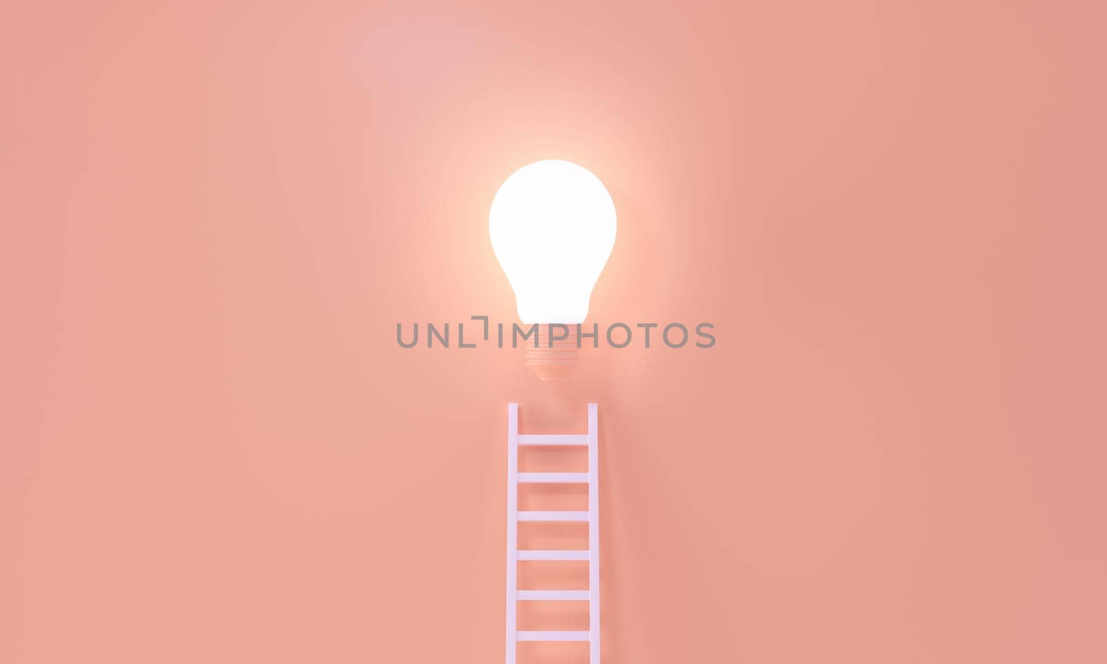 Ladder reaches up to a lit light bulb representing way to an Idea, brainstorm, creativity, invention concept. Minimalist pastel orange color background. 3d rendering.