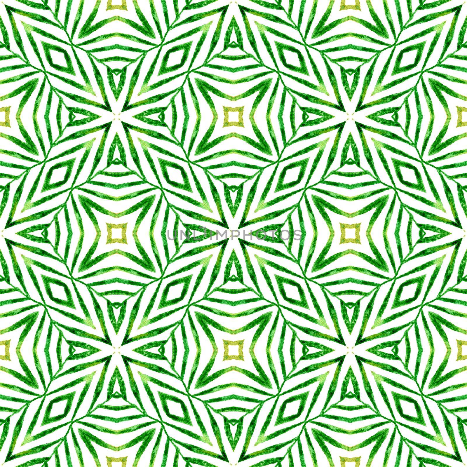 Textile ready astonishing print, swimwear fabric, wallpaper, wrapping. Green unusual boho chic summer design. Repeating striped hand drawn border. Striped hand drawn design.