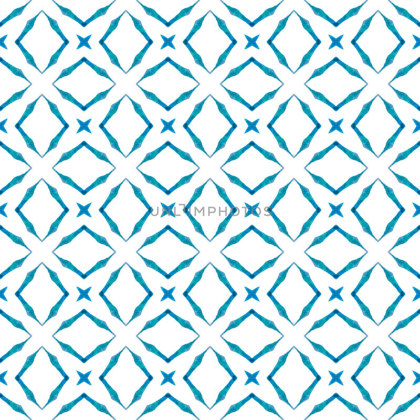 Chevron watercolor pattern. Blue delicate boho chic summer design. Green geometric chevron watercolor border. Textile ready pleasing print, swimwear fabric, wallpaper, wrapping.
